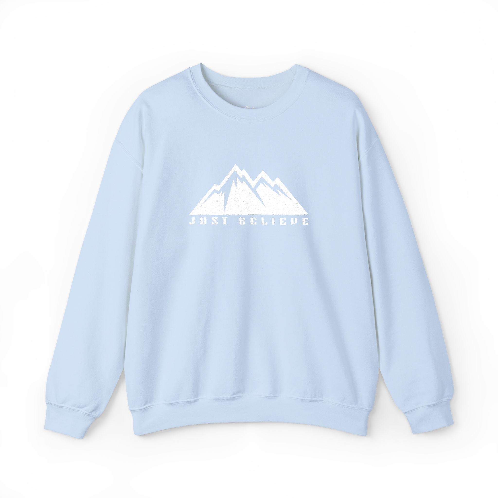 Just Believe Mountain Ridge Crewneck Sweatshirt — Adventure Graphic "Love Believe"