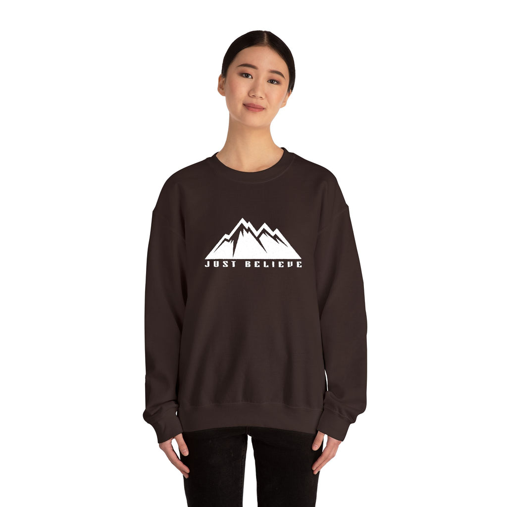 Just Believe Mountain Ridge Crewneck Sweatshirt — Adventure Graphic "Love Believe"