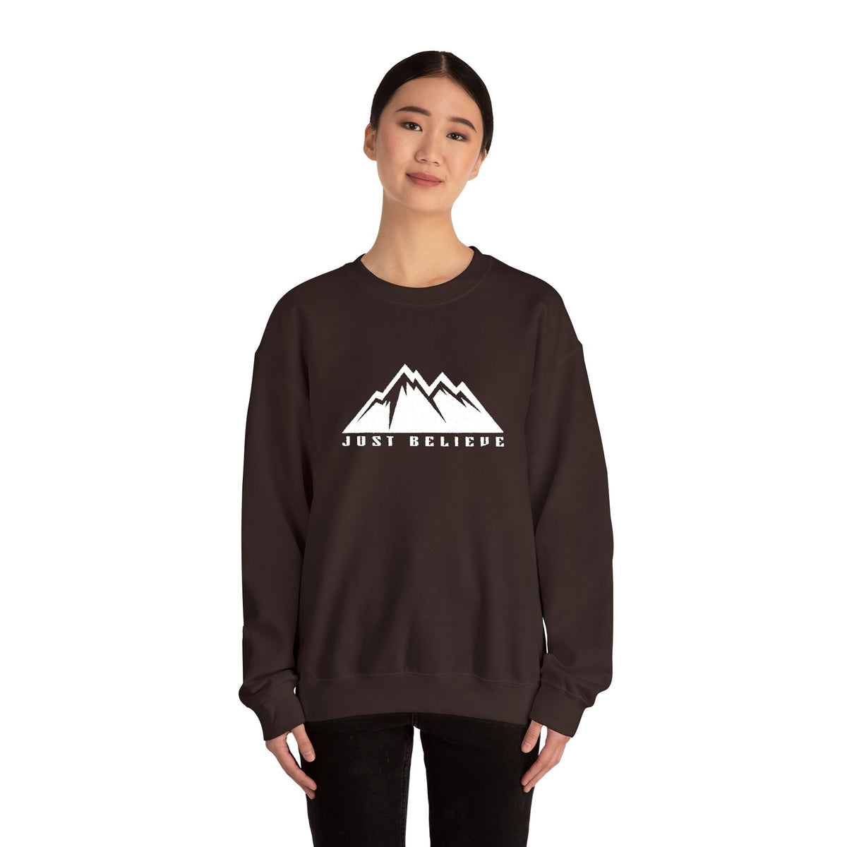 Just Believe Mountain Ridge Crewneck Sweatshirt — Adventure Graphic "Love Believe"