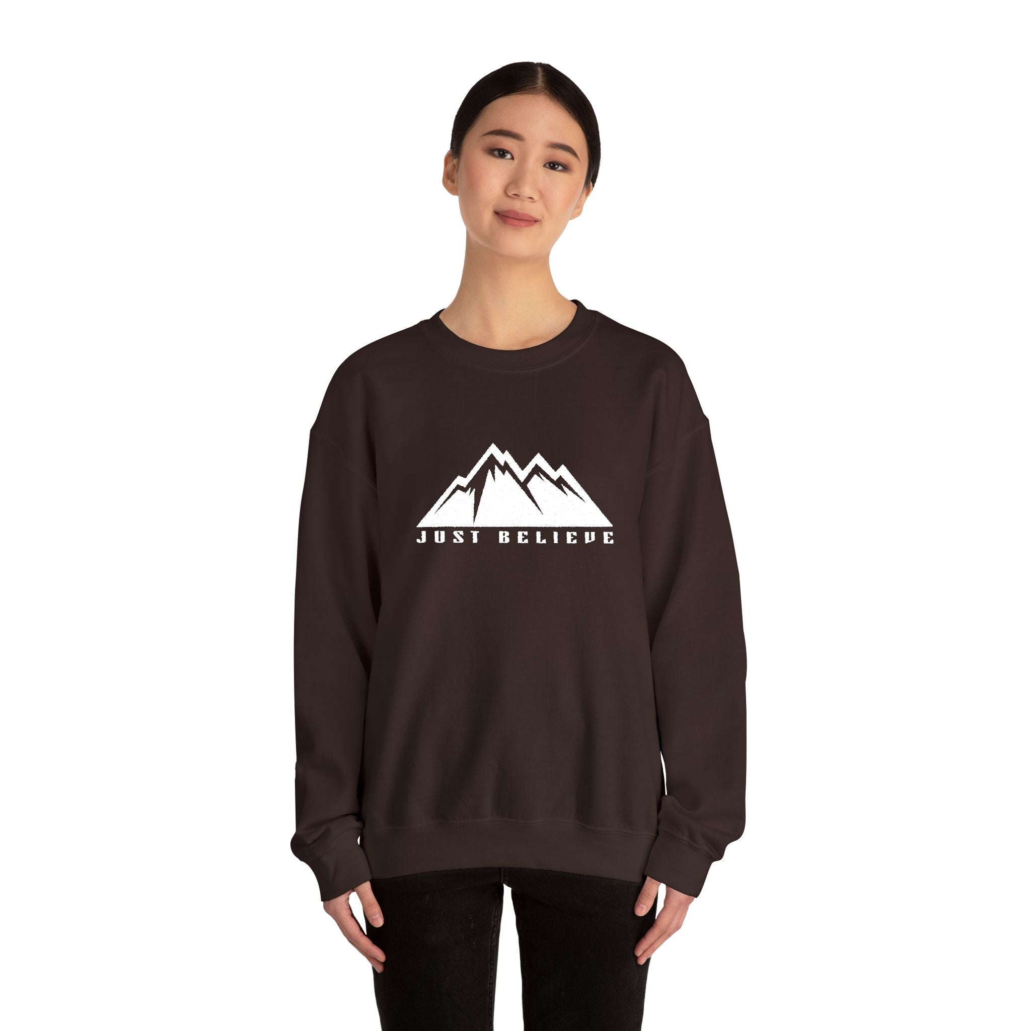 Just Believe Mountain Ridge Crewneck Sweatshirt — Adventure Graphic "Love Believe"