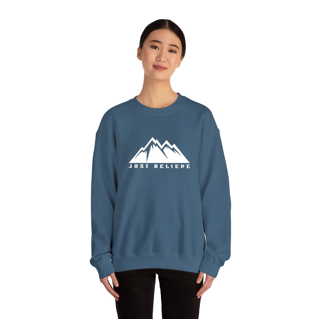 Just Believe Mountain Ridge Crewneck Sweatshirt — Adventure Graphic "Love Believe"