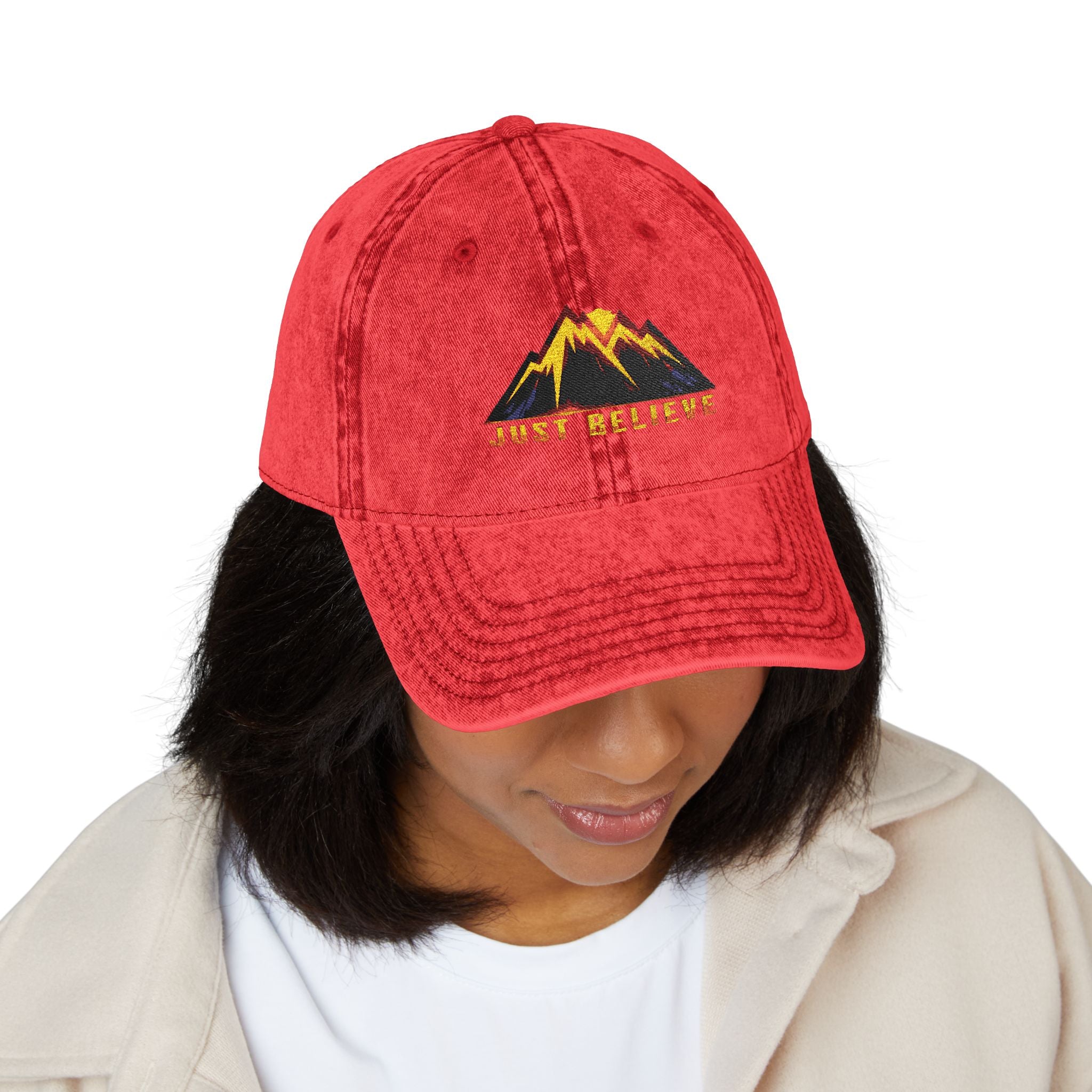 Just Believe Embroidered Vintage Mountain Cap — Red Dad Hat