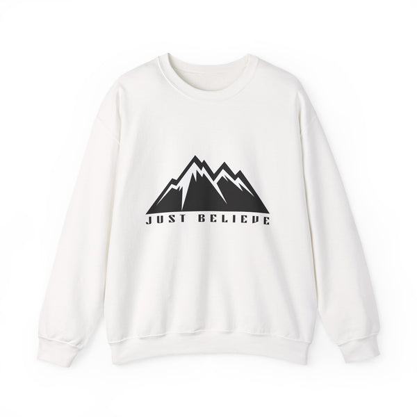 Just Believe Mountain Crewneck Sweatshirt — Inspirational Outdoor Graphic Sweatshirt