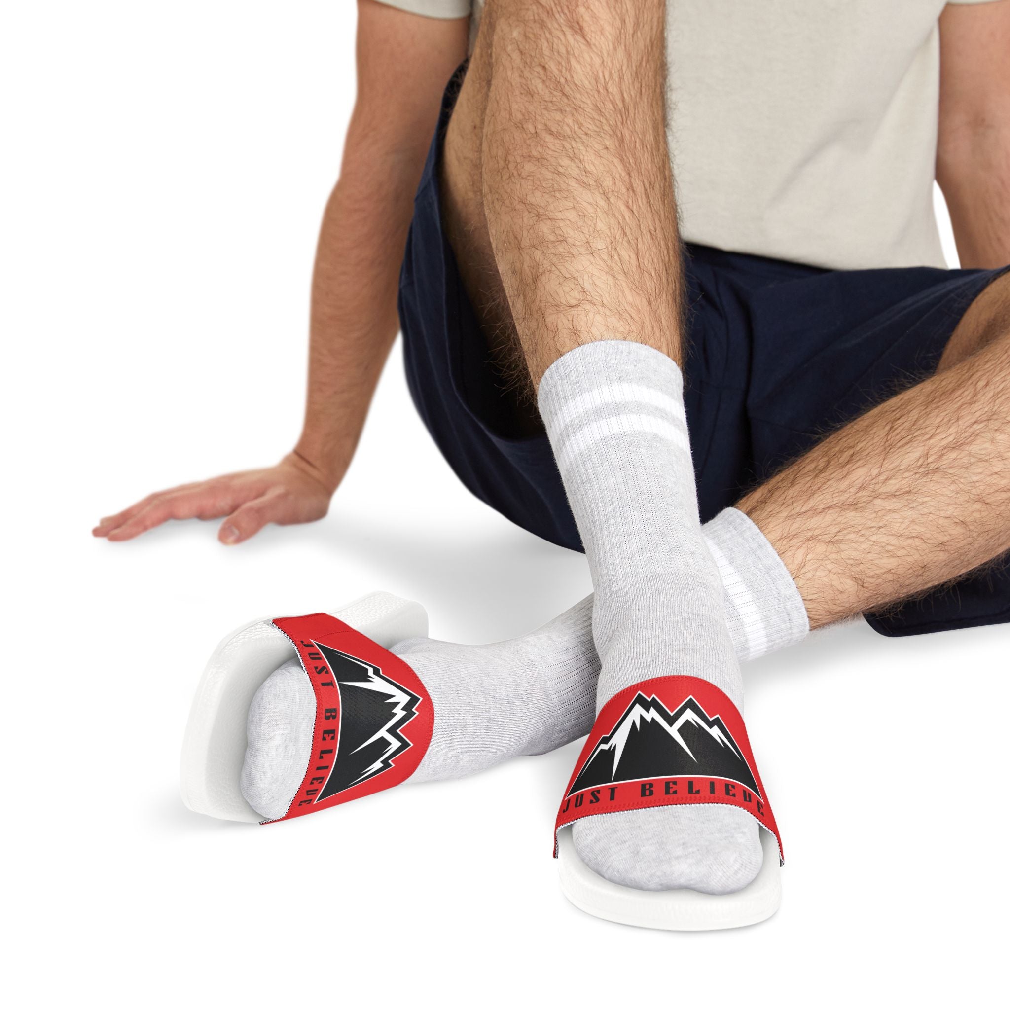 Just Believe Men's Removable-Strap Slide Sandals — Bold Red Mountain Logo