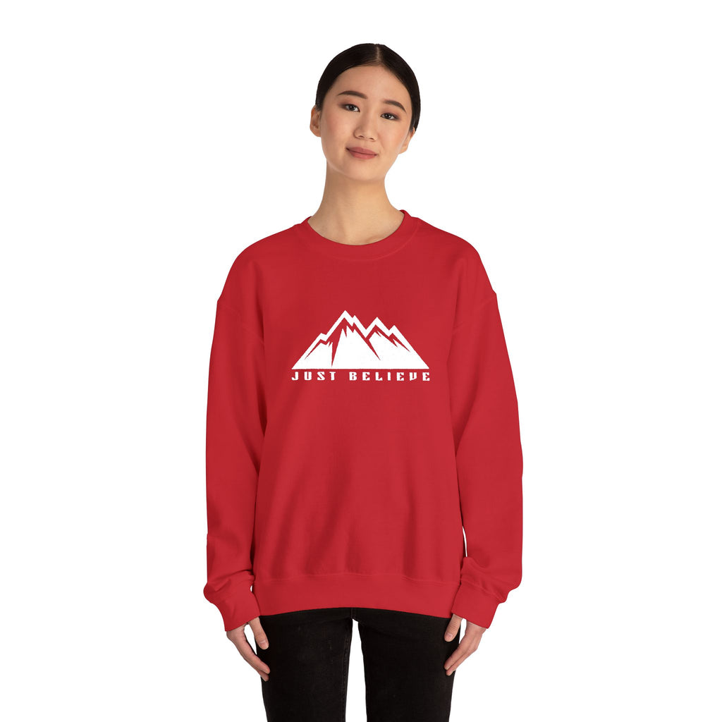 Just Believe Mountain Ridge Crewneck Sweatshirt — Adventure Graphic "Love Believe"