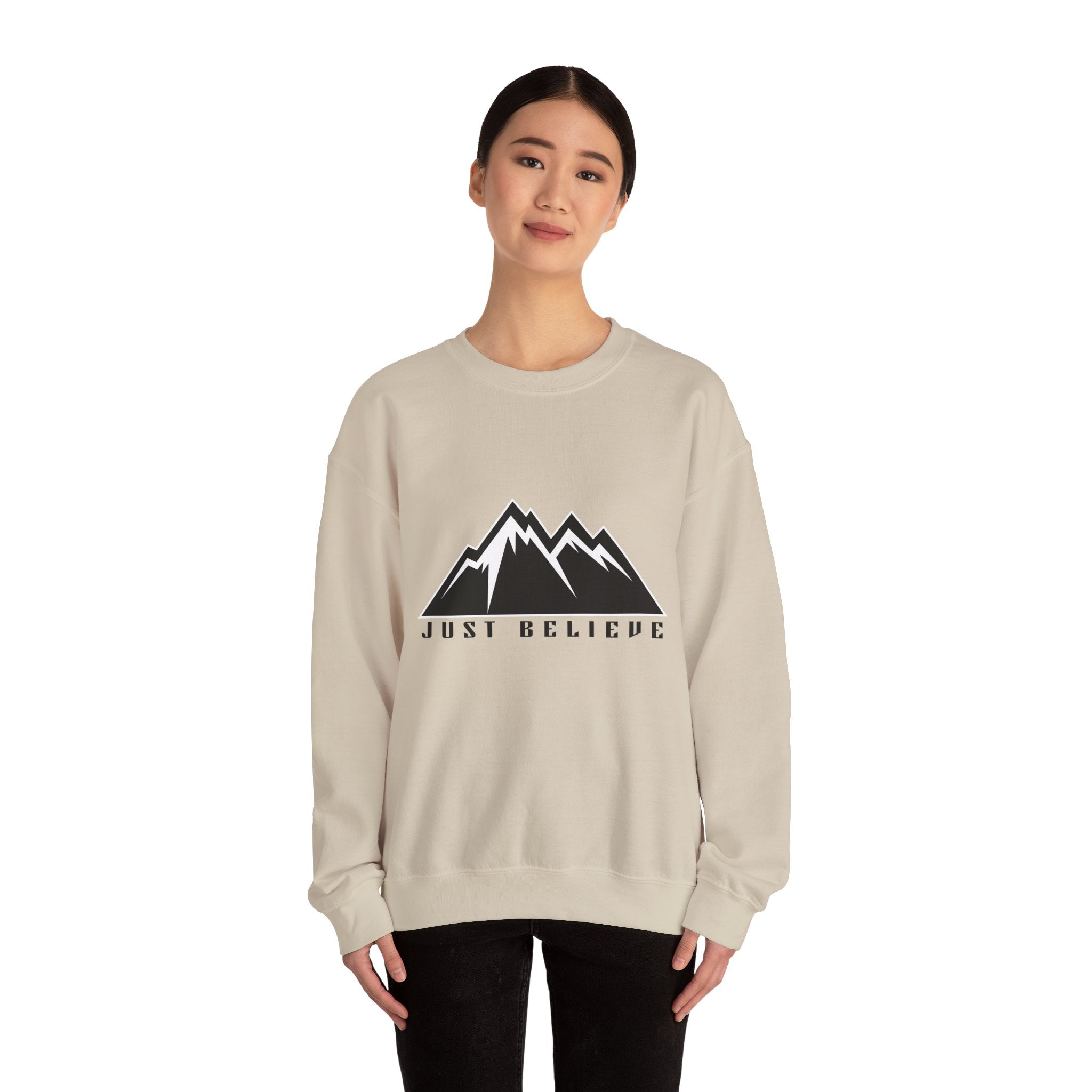 Just Believe Mountain Crewneck Sweatshirt — Inspirational Outdoor Graphic Sweatshirt