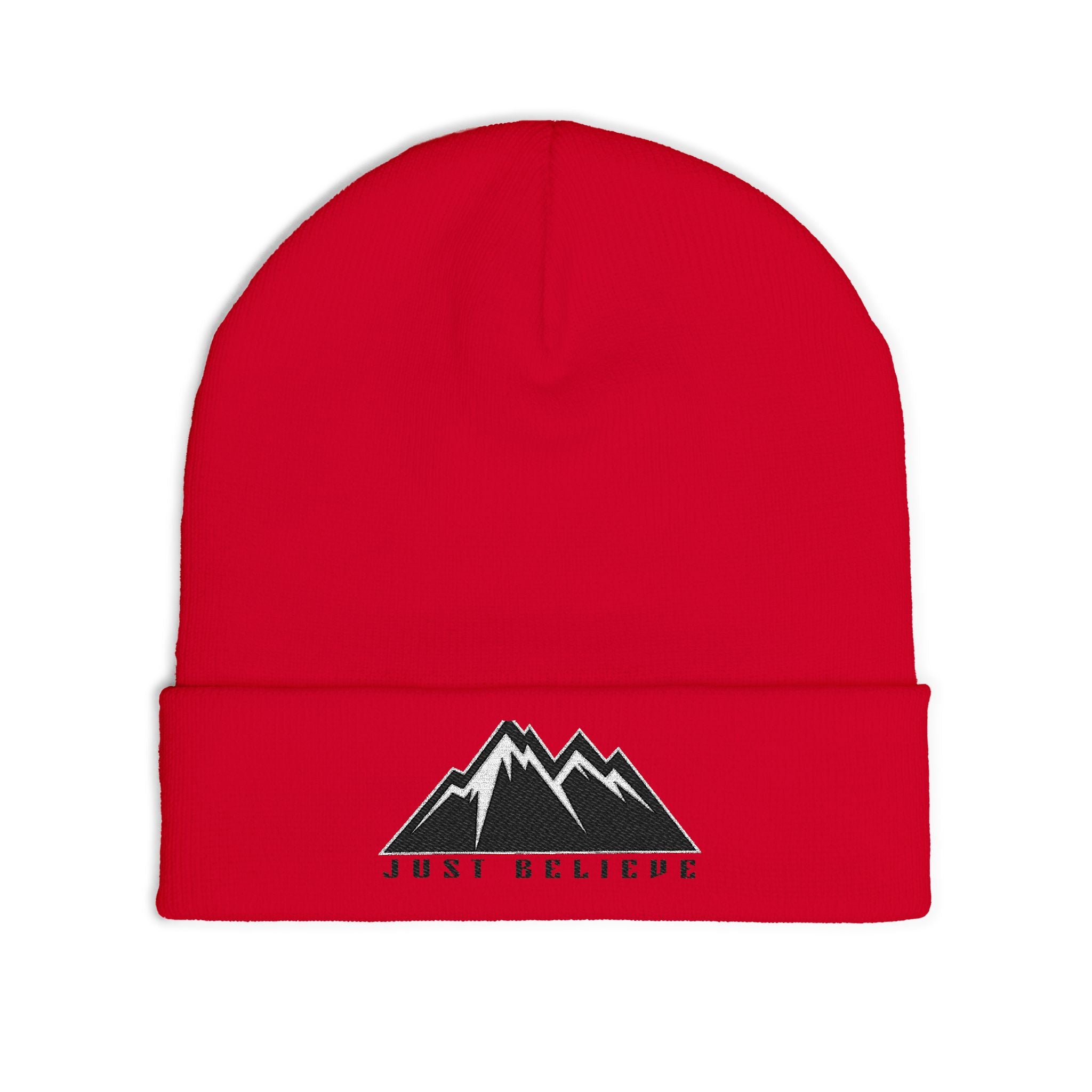 Beanie — Embroidered Mountain "Just Believe" Knit Cap