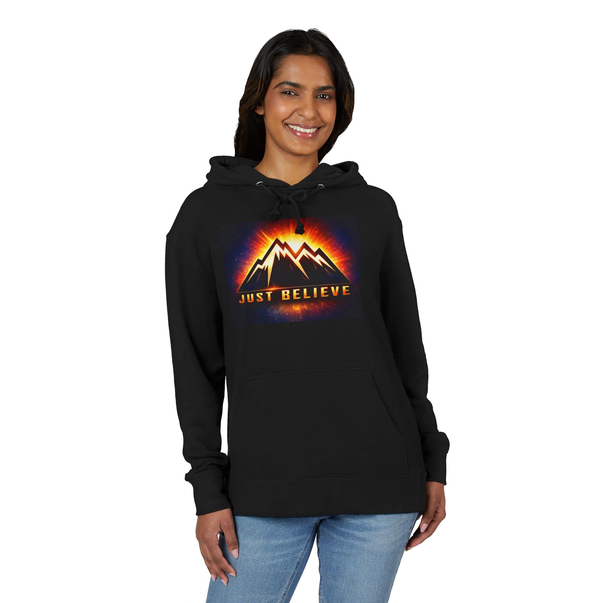 JustBelieve Mountain Sunrise Hoodie — Inspirational Outdoor Graphic Hoodie