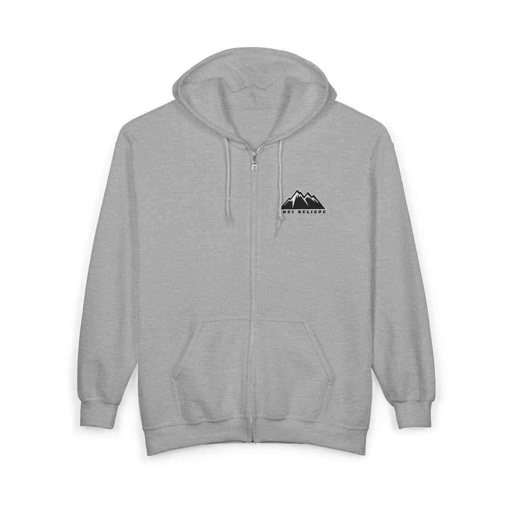 Just Believe Mountain Outline Zip Hoodie — Minimal Mountain Logo Hoodie