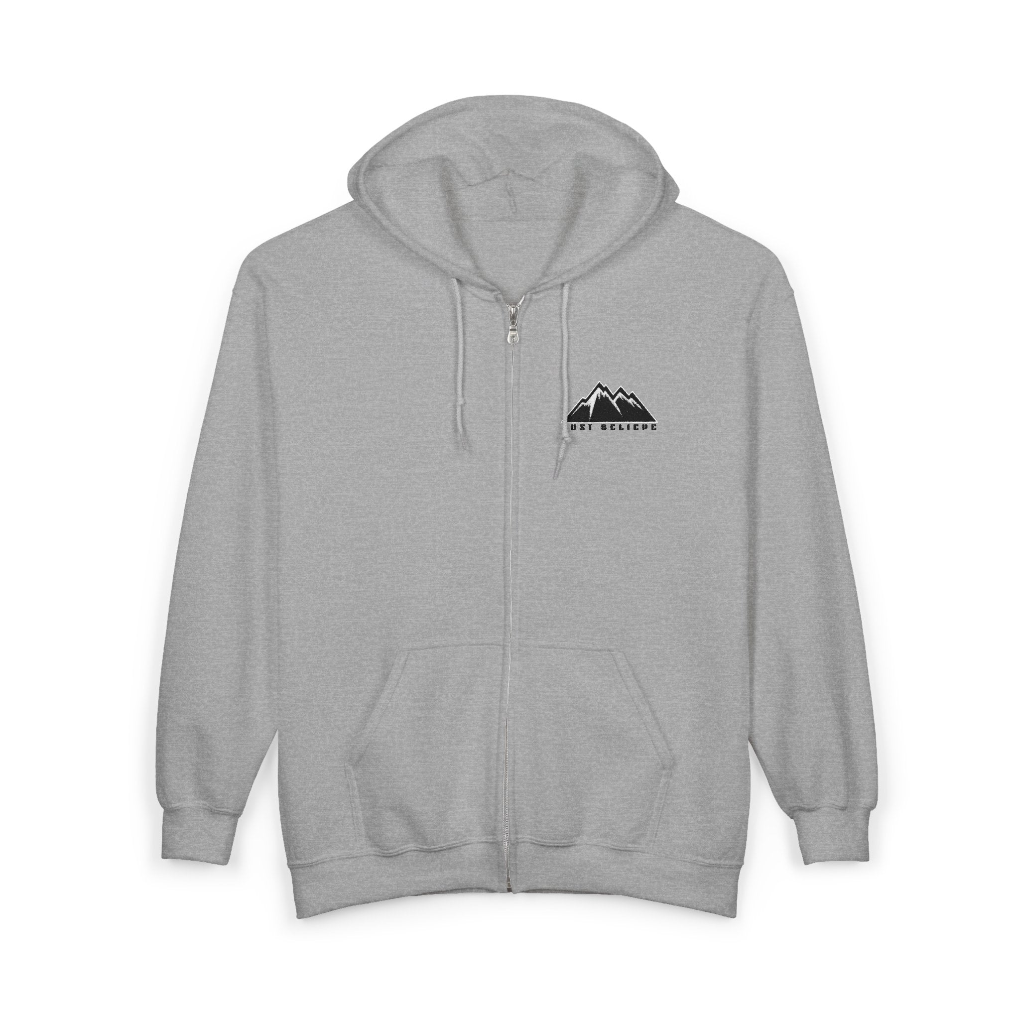 Just Believe Mountain Outline Zip Hoodie — Minimal Mountain Logo Hoodie