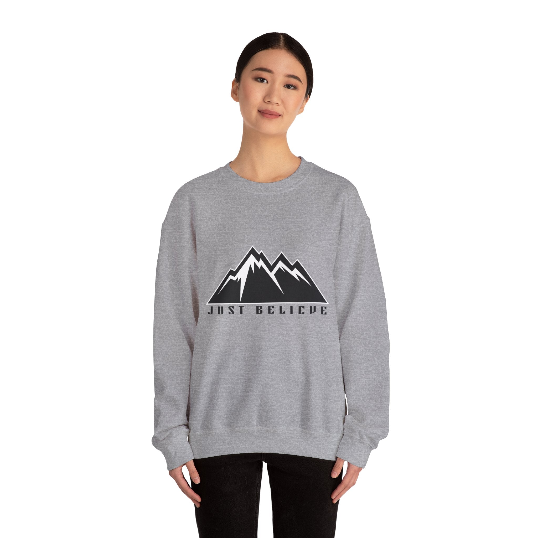 Just Believe Mountain Crewneck Sweatshirt — Inspirational Outdoor Graphic Sweatshirt