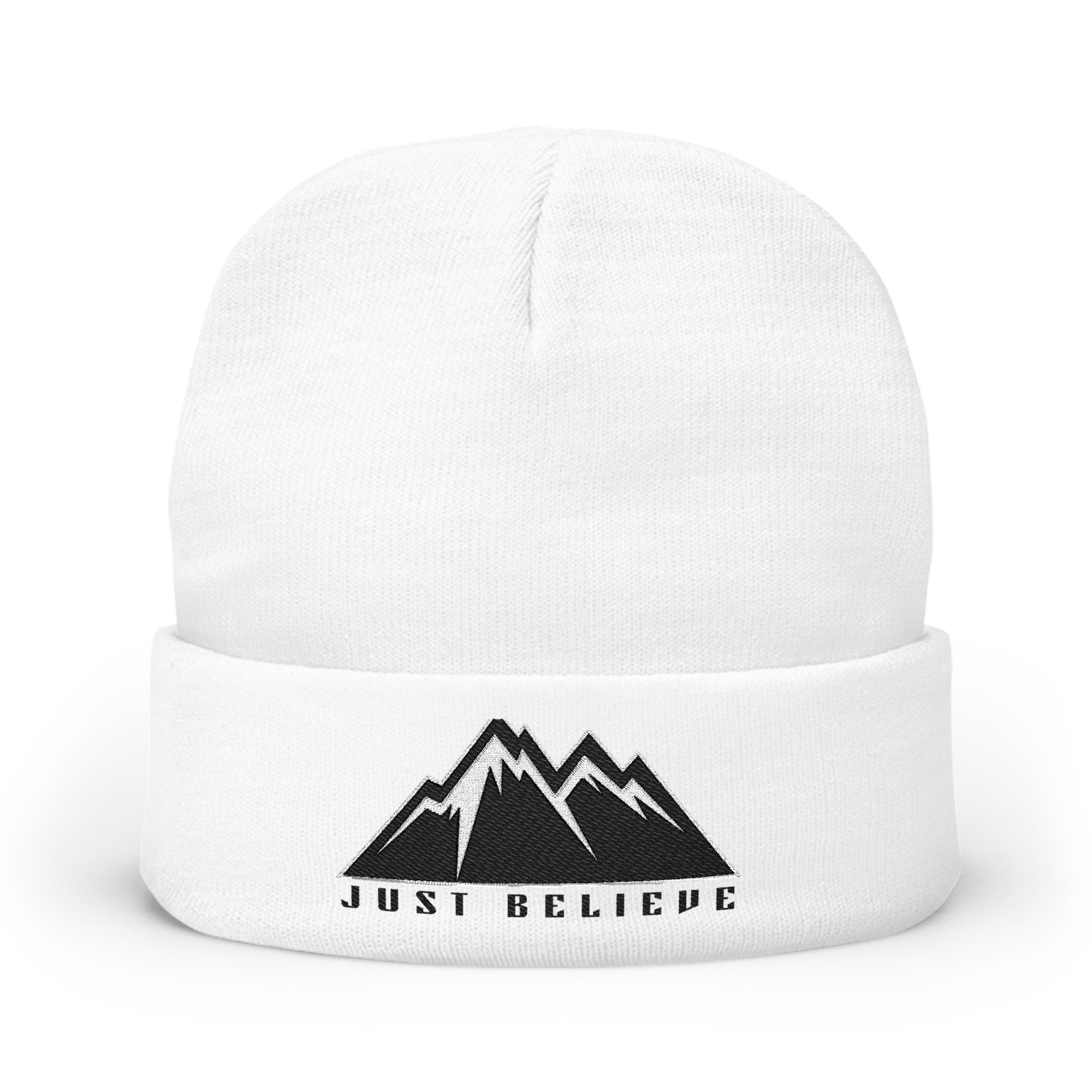 Beanie — Embroidered Mountain "Just Believe" Knit Cap