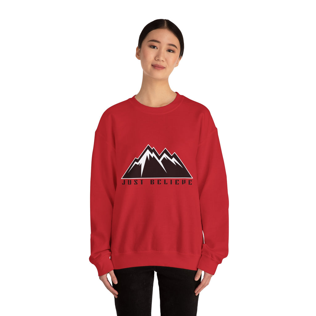 Just Believe Mountain Crewneck Sweatshirt — Inspirational Outdoor Graphic Sweatshirt