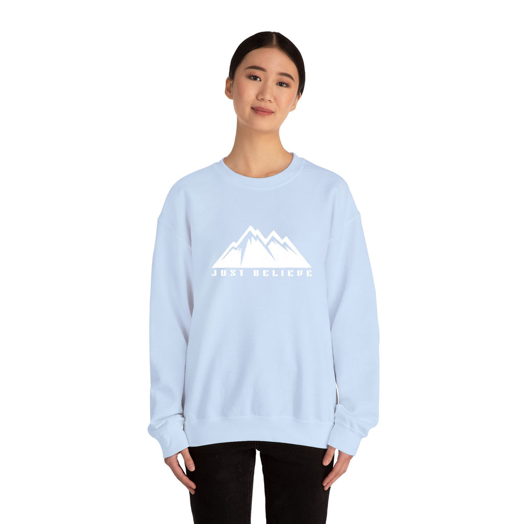 Just Believe Mountain Ridge Crewneck Sweatshirt — Adventure Graphic "Love Believe"