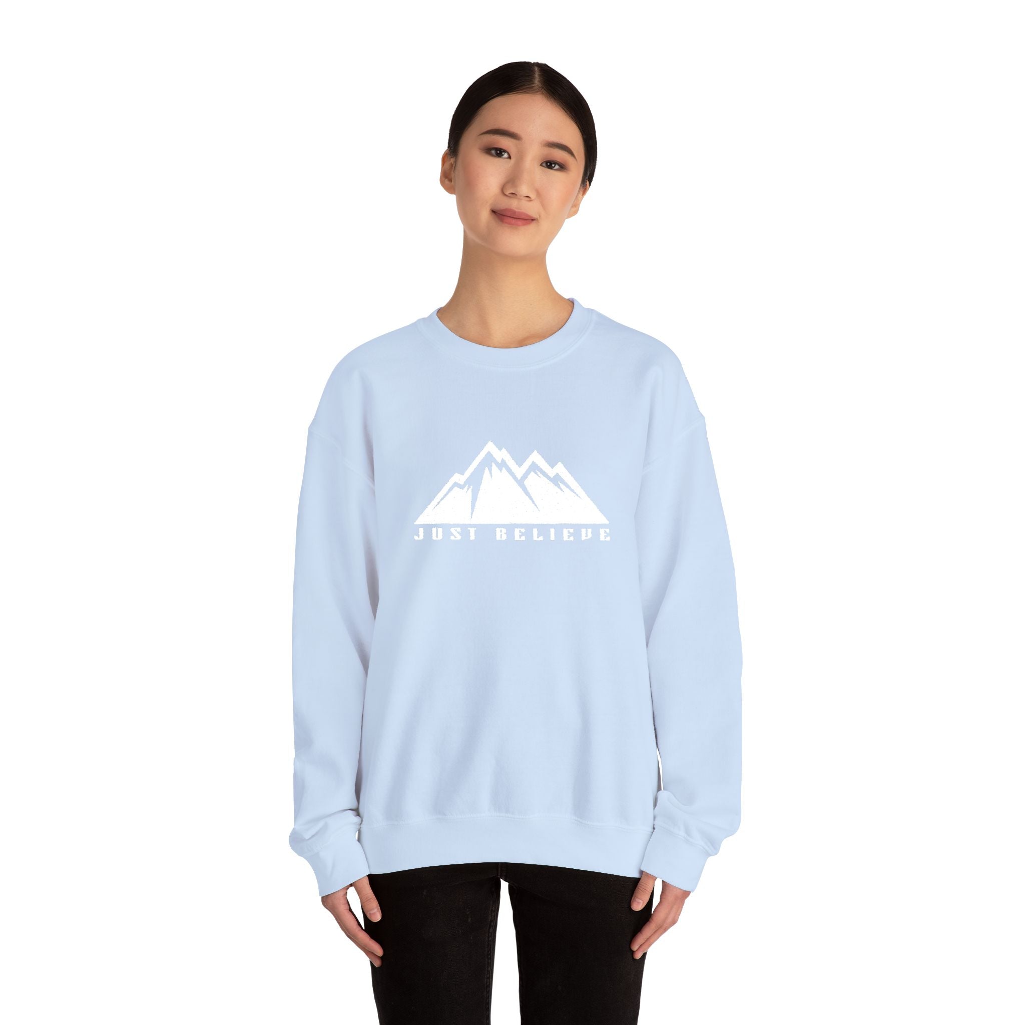 Just Believe Mountain Ridge Crewneck Sweatshirt — Adventure Graphic "Love Believe"