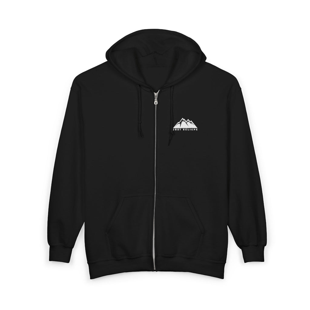 Just Believe Logo Zip Hoodie — Minimal  Range Full‑Zip Sweatshirt