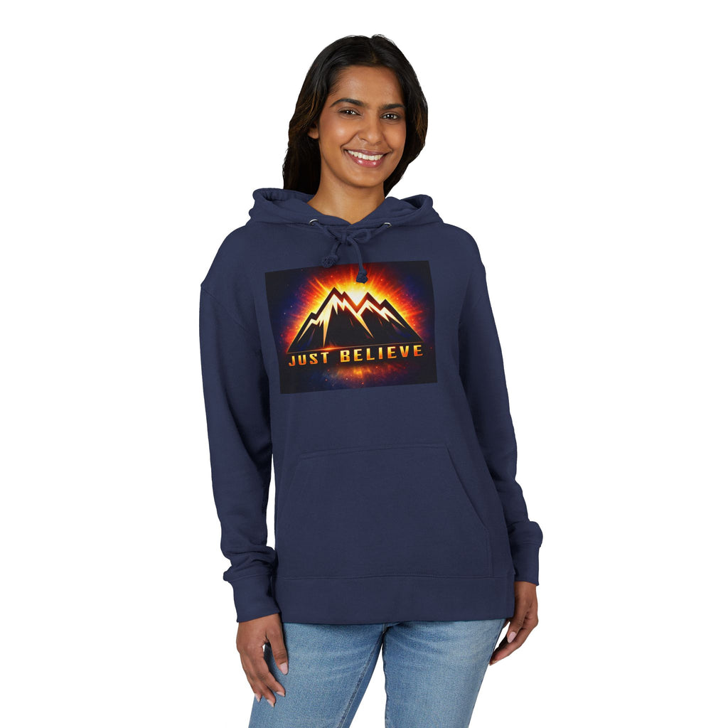 JustBelieve Mountain Sunrise Hoodie — Inspirational Outdoor Graphic Hoodie