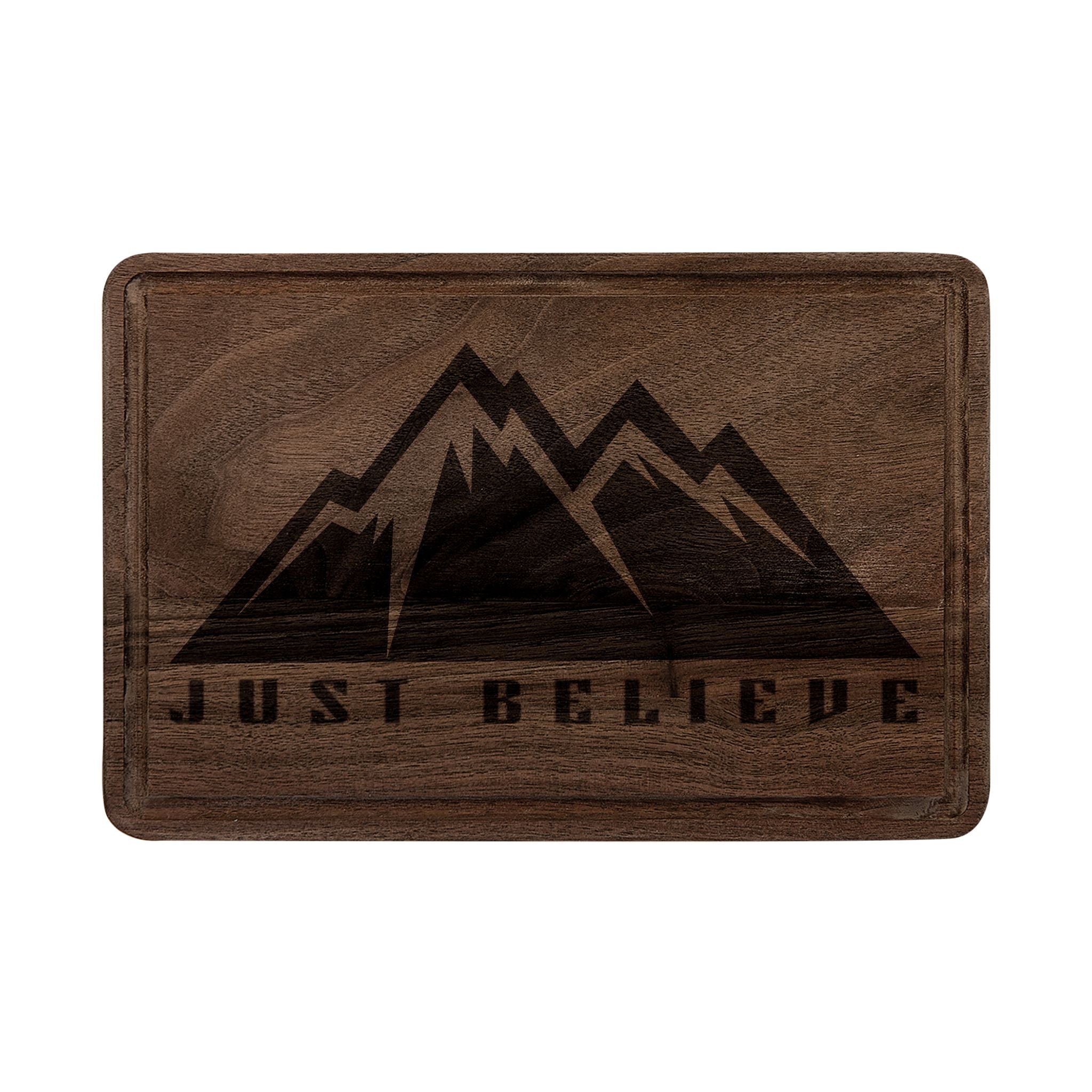 Engraved Mountain Cutting Board — "Just Believe" Wooden Serving & Charcuterie Board