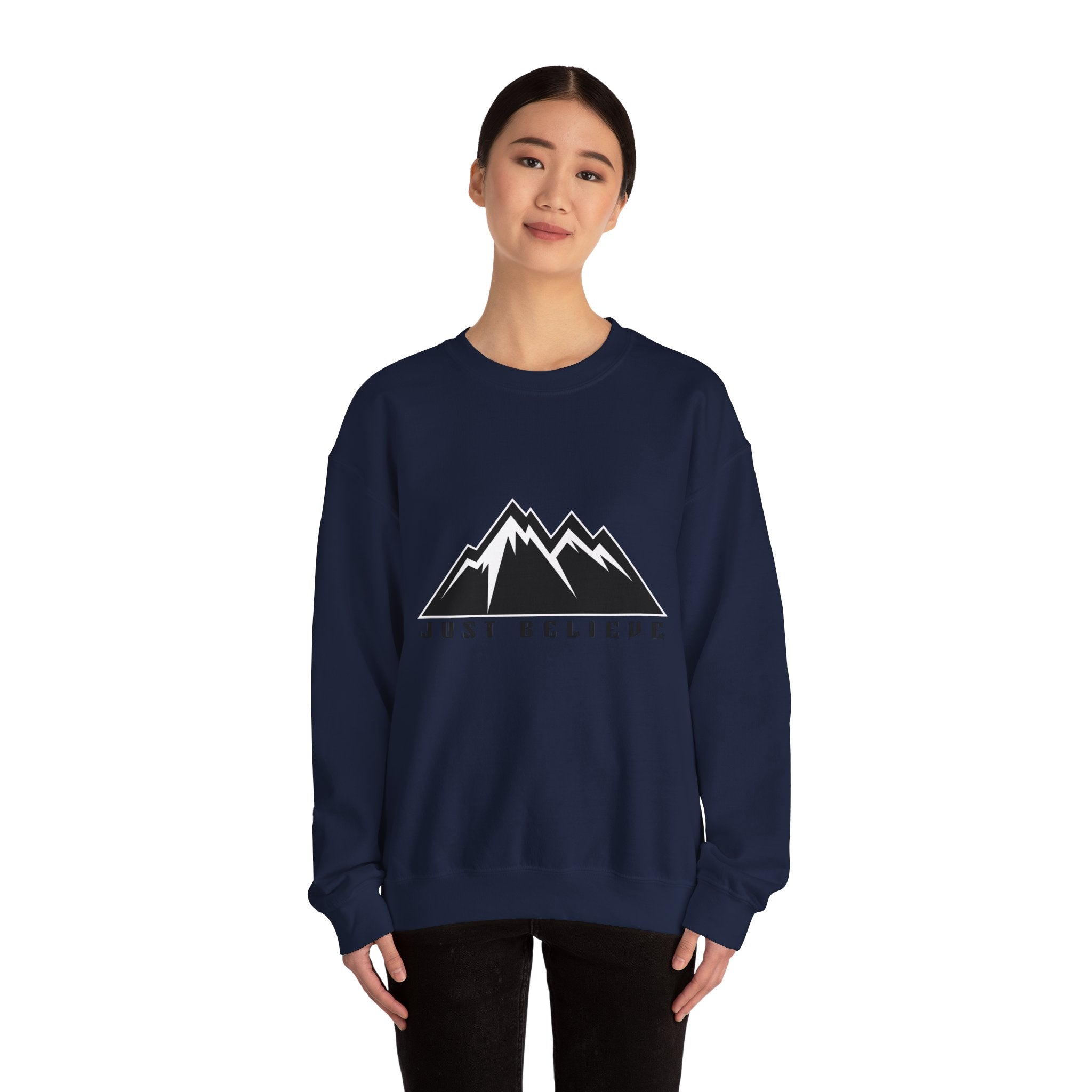 Just Believe Mountain Crewneck Sweatshirt — Inspirational Outdoor Graphic Sweatshirt