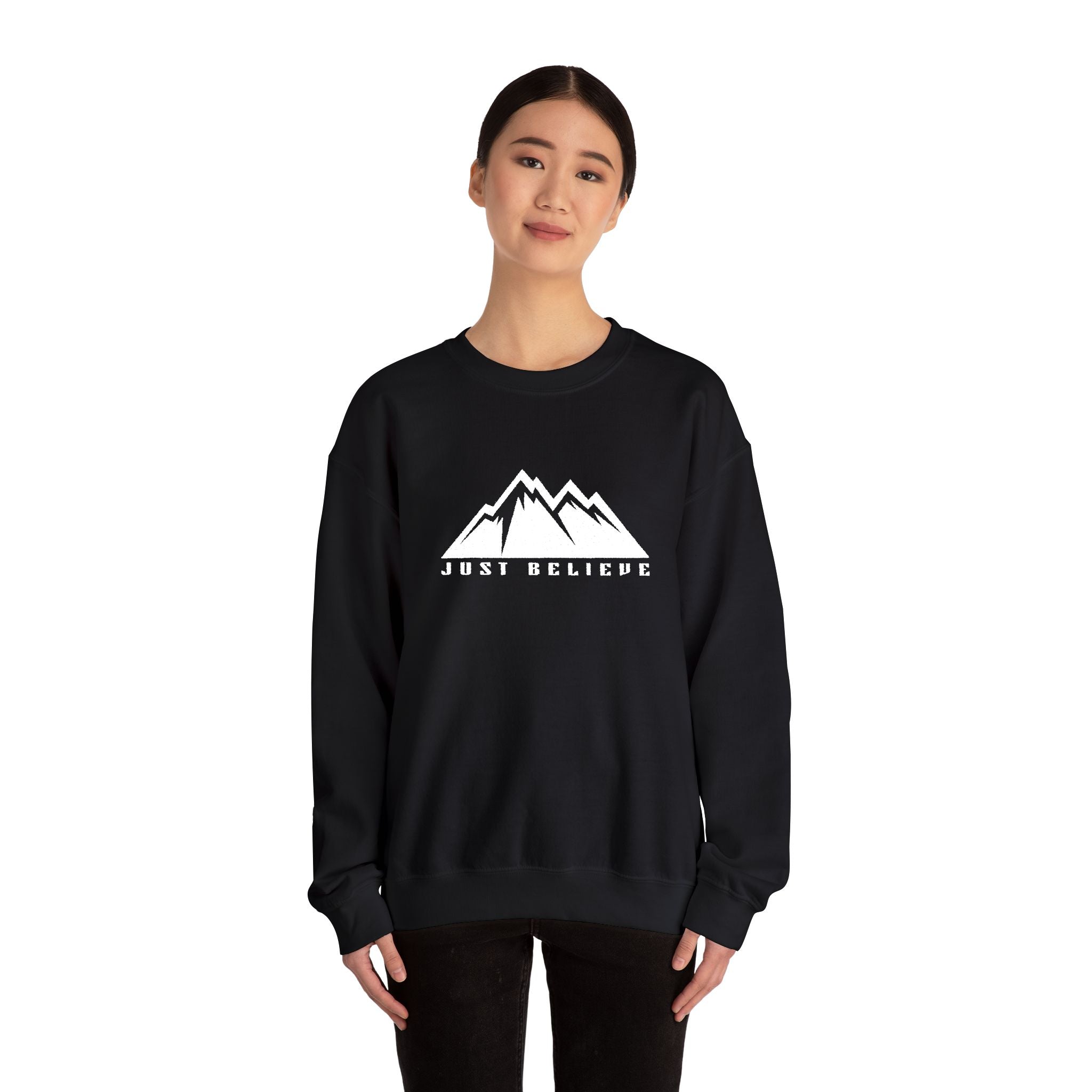 Just Believe Mountain Ridge Crewneck Sweatshirt — Adventure Graphic "Love Believe"
