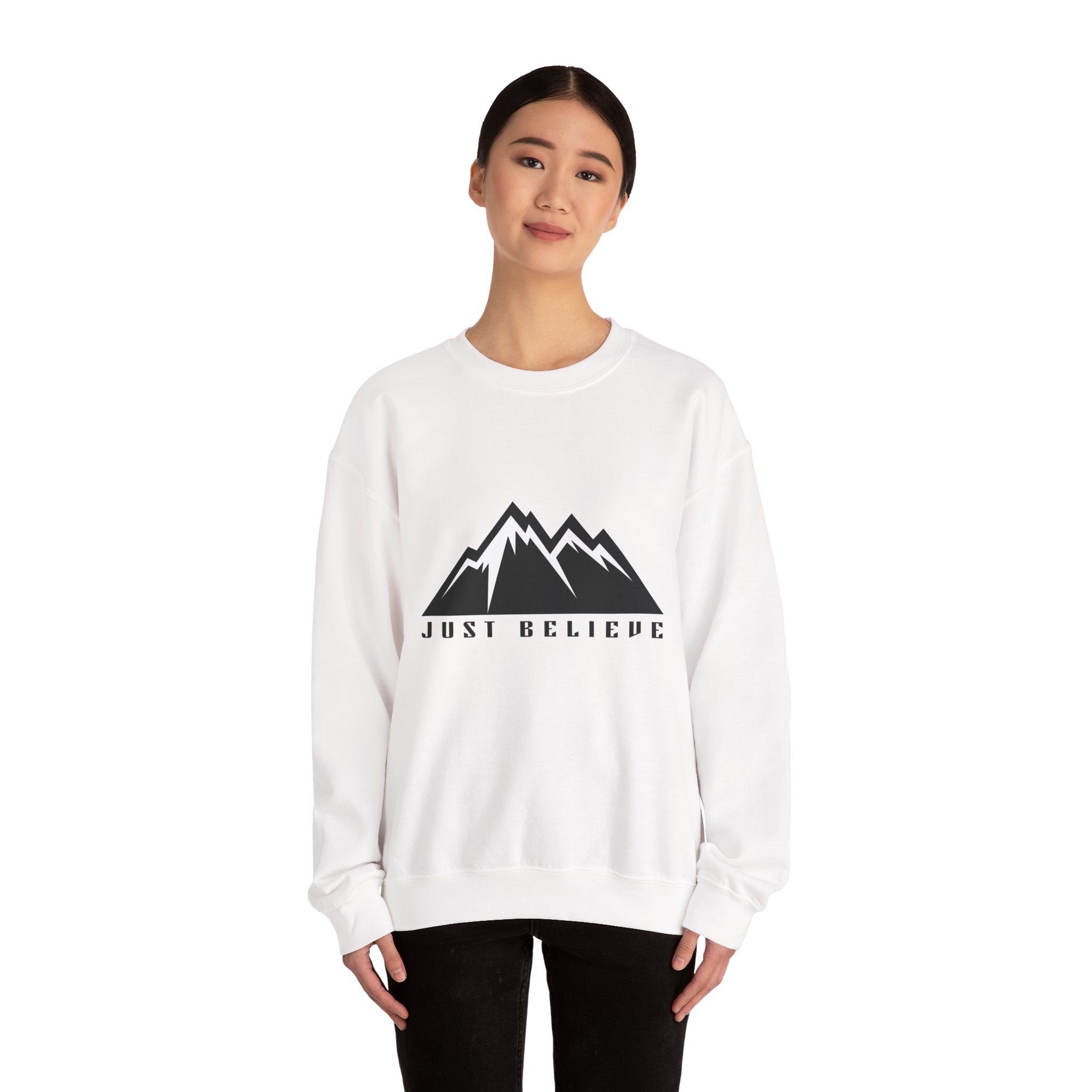 Just Believe Mountain Crewneck Sweatshirt — Inspirational Outdoor Graphic Sweatshirt