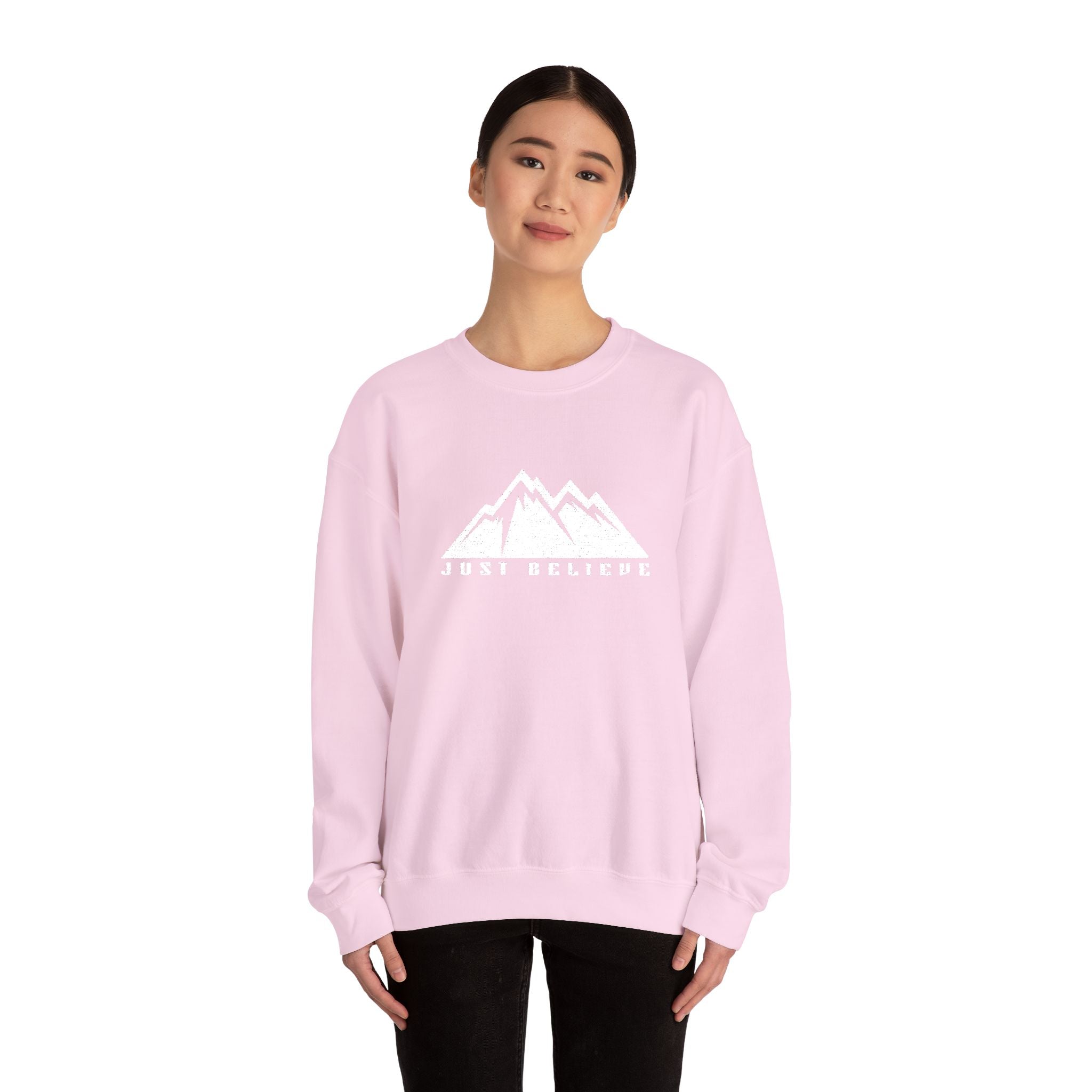 Just Believe Mountain Ridge Crewneck Sweatshirt — Adventure Graphic "Love Believe"