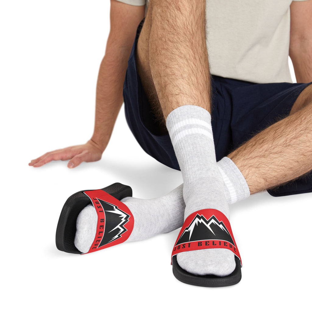 Just Believe Men's Removable-Strap Slide Sandals — Bold Red Mountain Logo