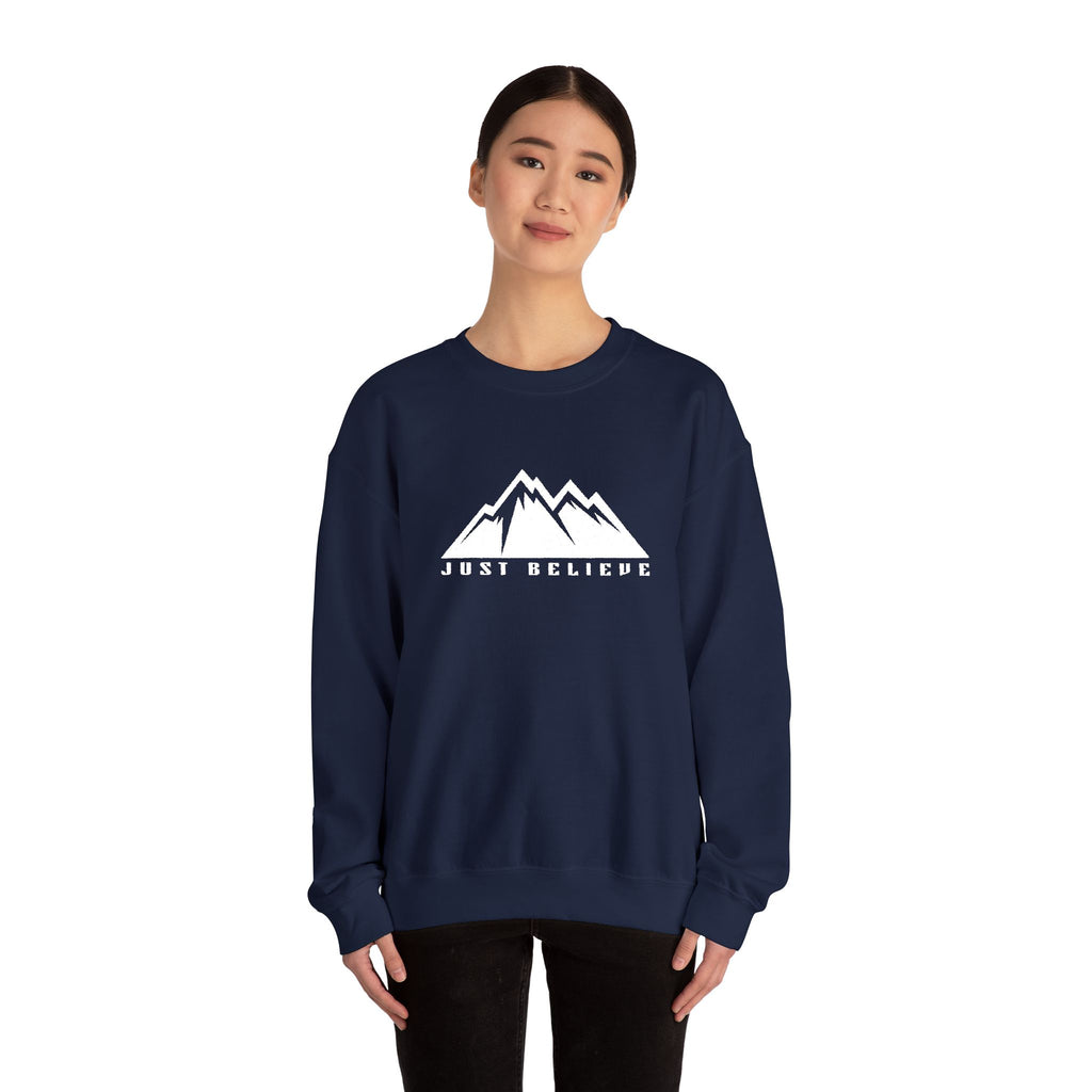 Just Believe Mountain Ridge Crewneck Sweatshirt — Adventure Graphic "Love Believe"