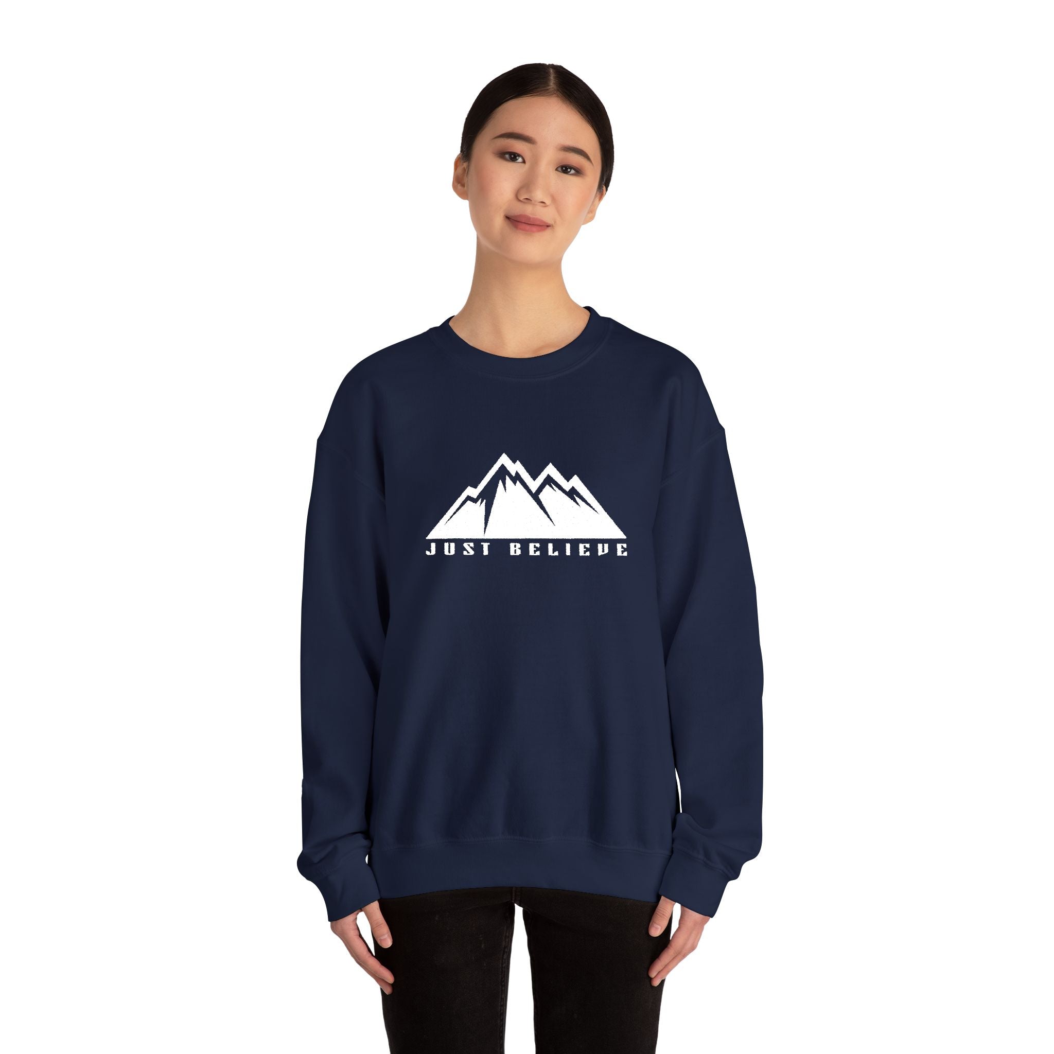 Just Believe Mountain Ridge Crewneck Sweatshirt — Adventure Graphic "Love Believe"