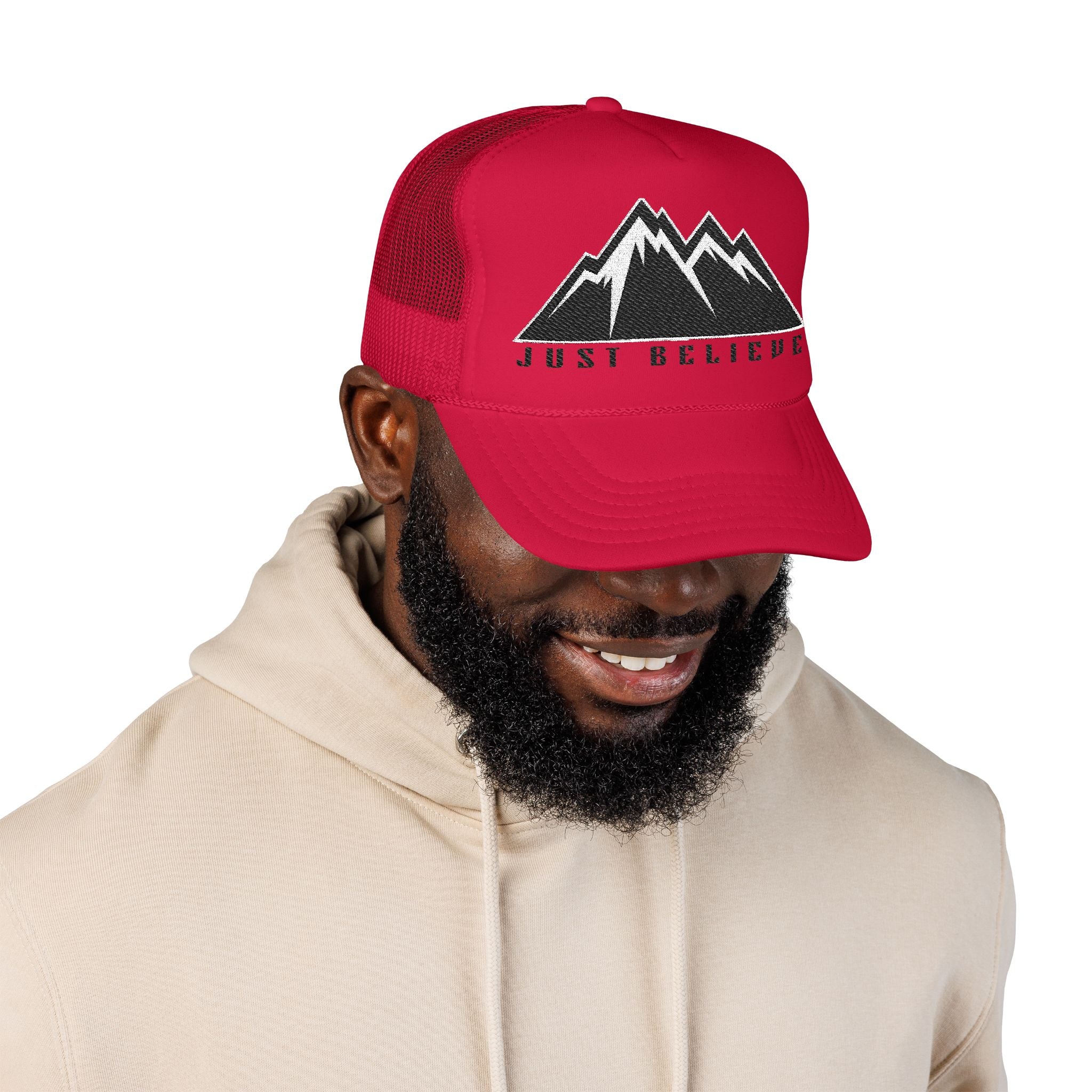 Just Believe Embroidered Trucker Hat — Foam Mesh Cap