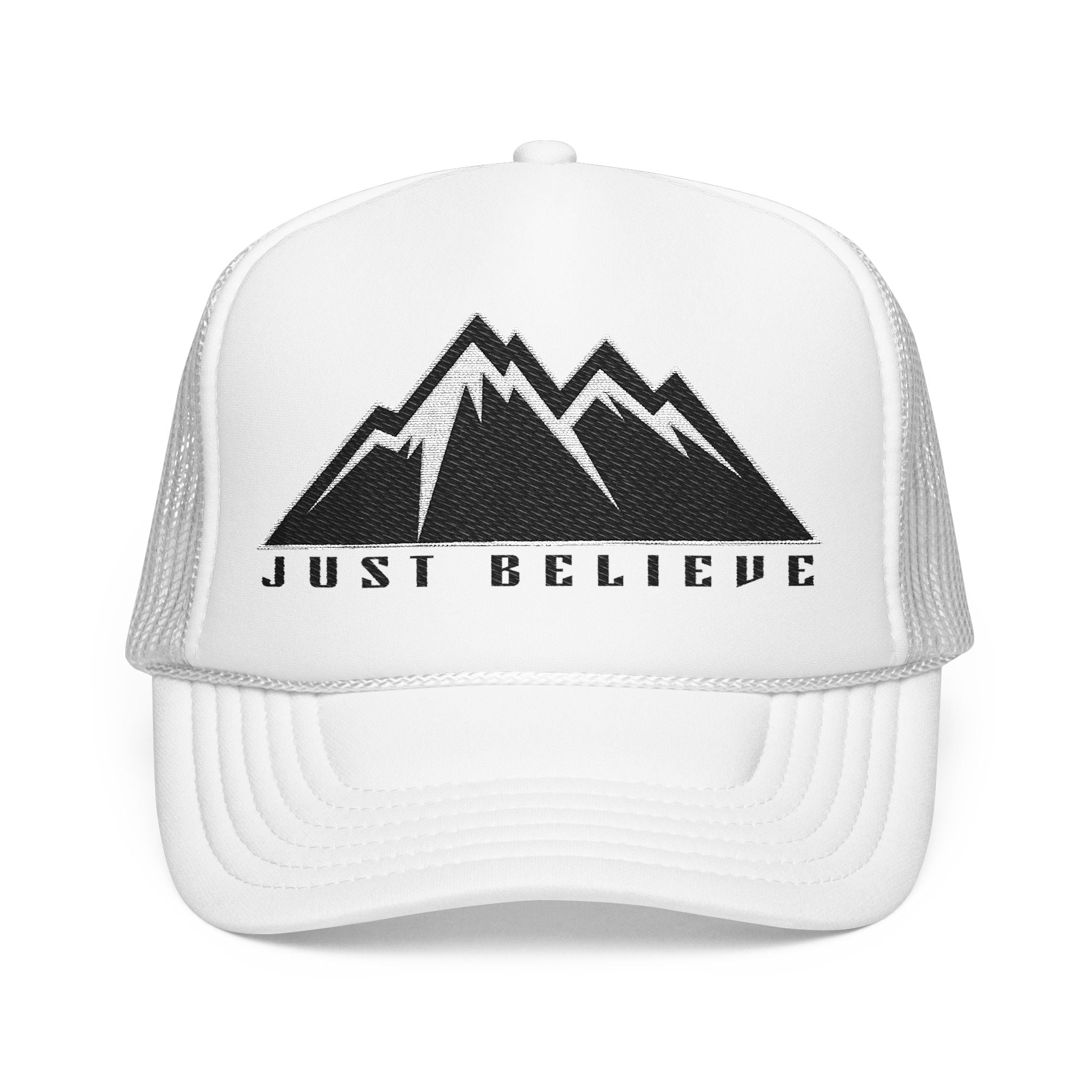Just Believe Embroidered Trucker Hat — Foam Mesh Cap