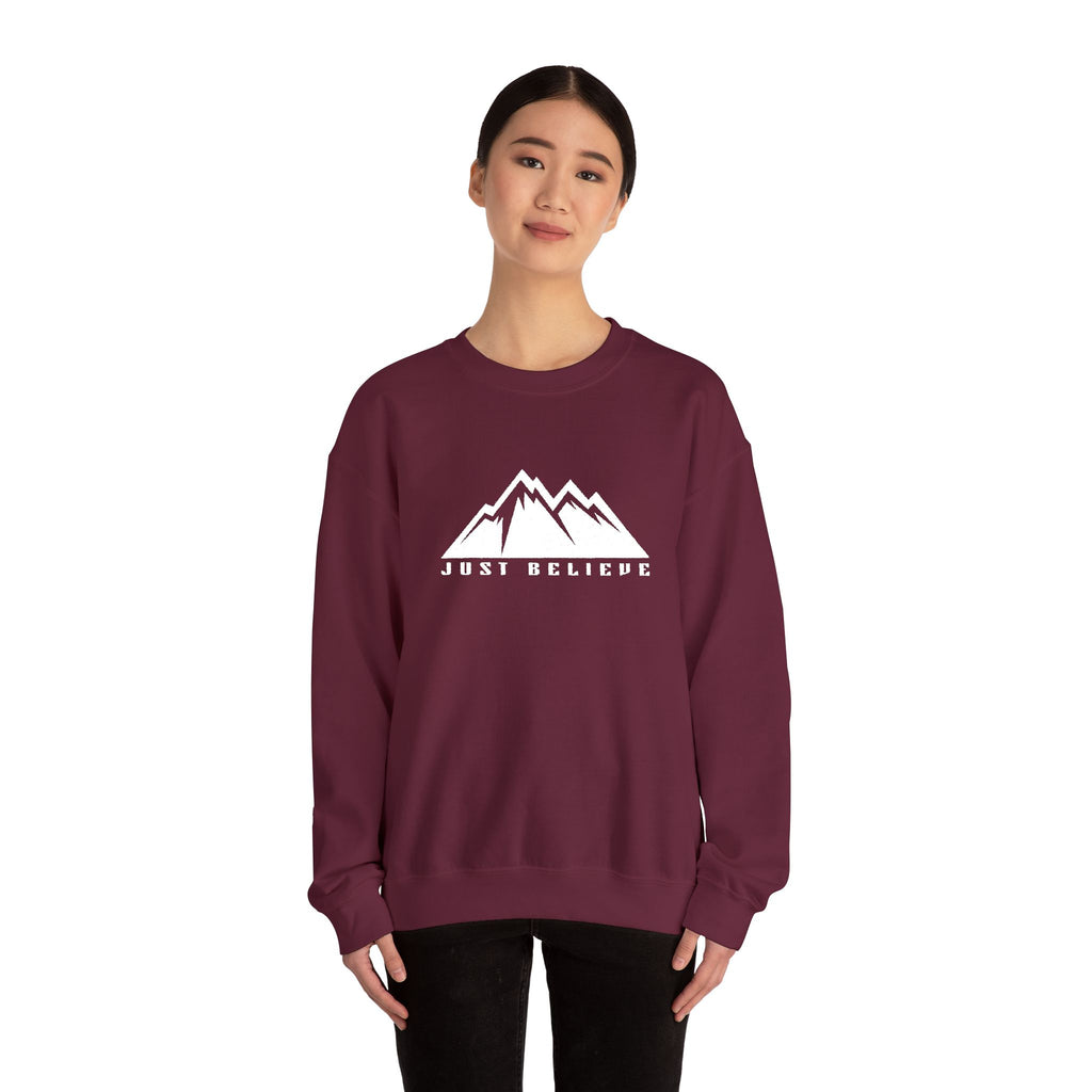 Just Believe Mountain Ridge Crewneck Sweatshirt — Adventure Graphic "Love Believe"