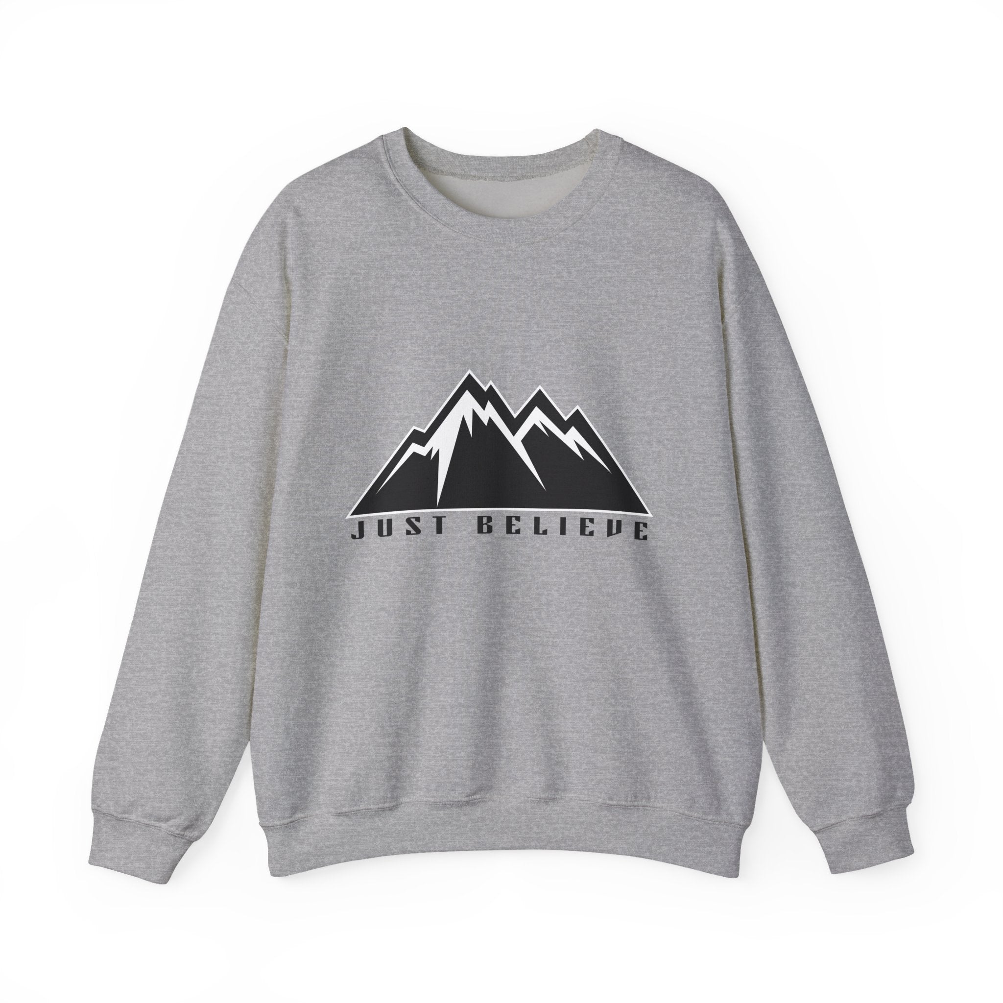 Just Believe Mountain Crewneck Sweatshirt — Inspirational Outdoor Graphic Sweatshirt