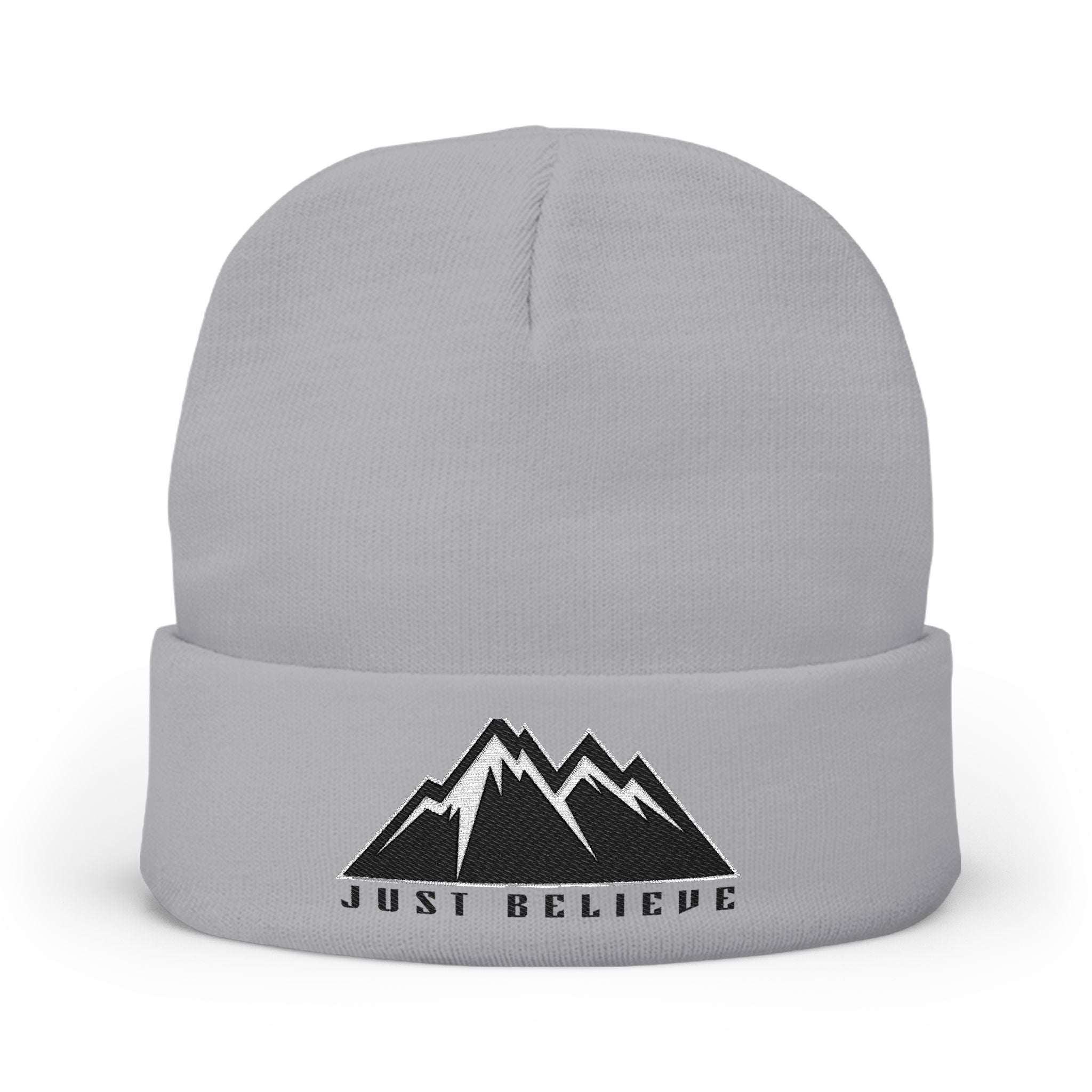Beanie — Embroidered Mountain "Just Believe" Knit Cap