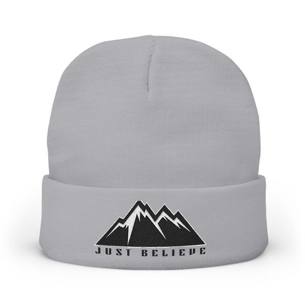 Beanie — Embroidered Mountain "Just Believe" Knit Cap