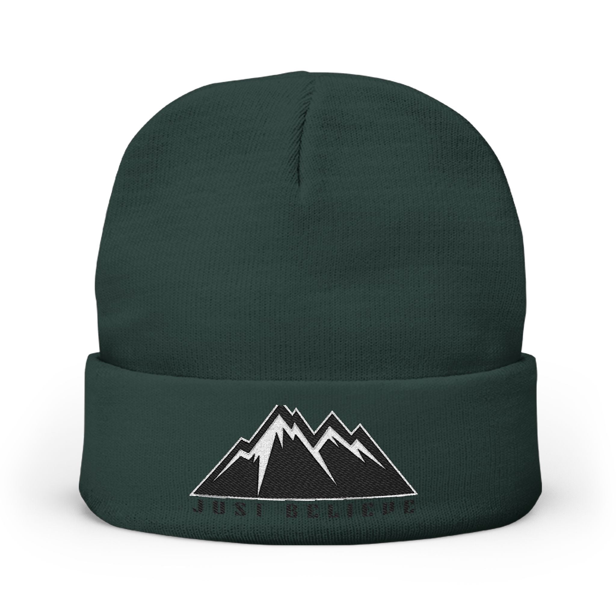 Beanie — Embroidered Mountain "Just Believe" Knit Cap