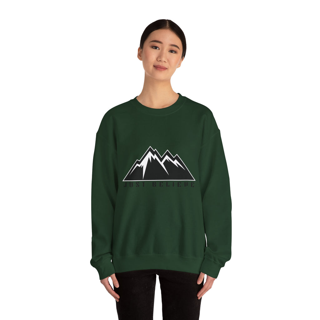 Just Believe Mountain Crewneck Sweatshirt — Inspirational Outdoor Graphic Sweatshirt