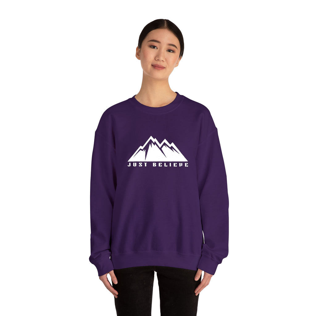 Just Believe Mountain Ridge Crewneck Sweatshirt — Adventure Graphic "Love Believe"