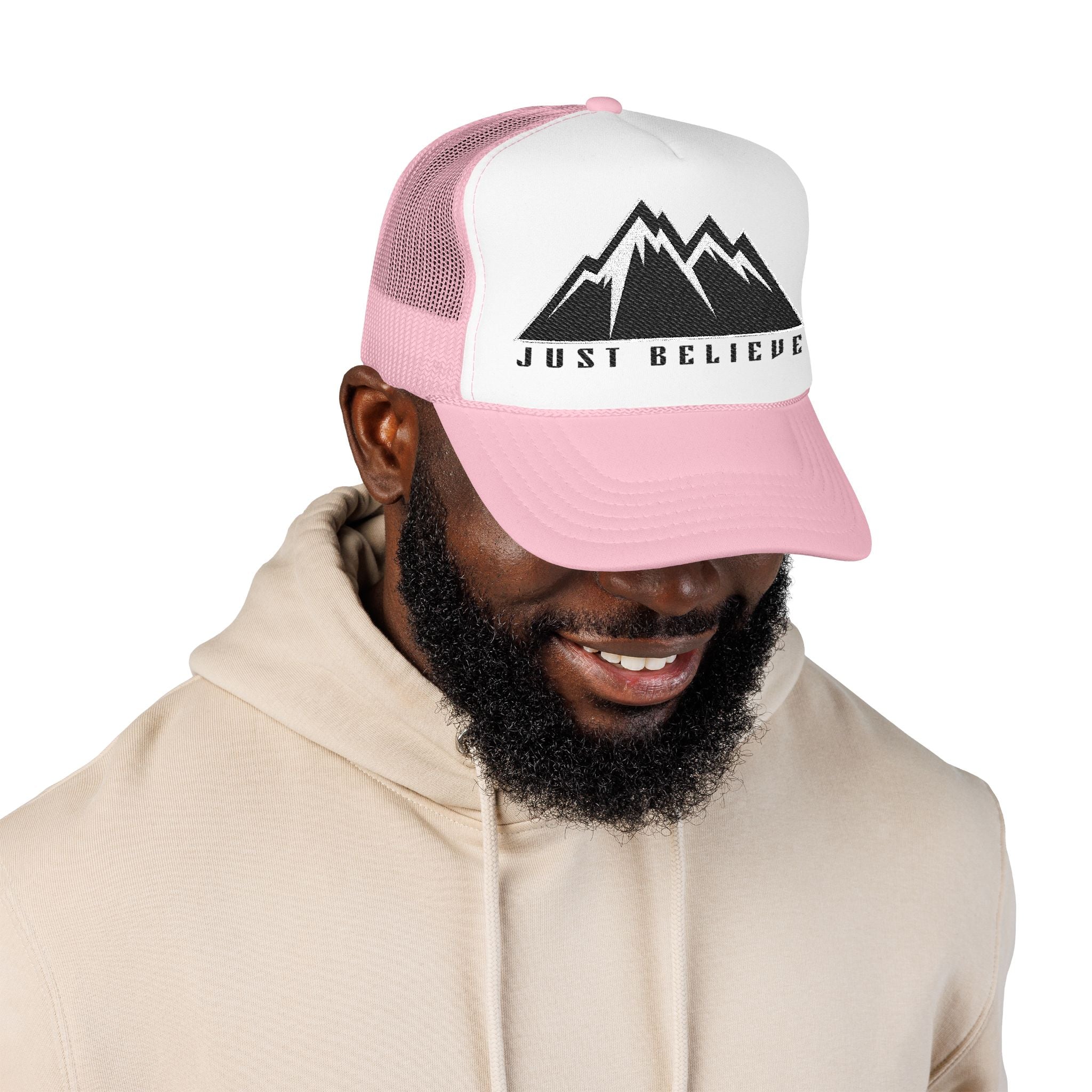 Just Believe Embroidered Trucker Hat — Foam Mesh Cap