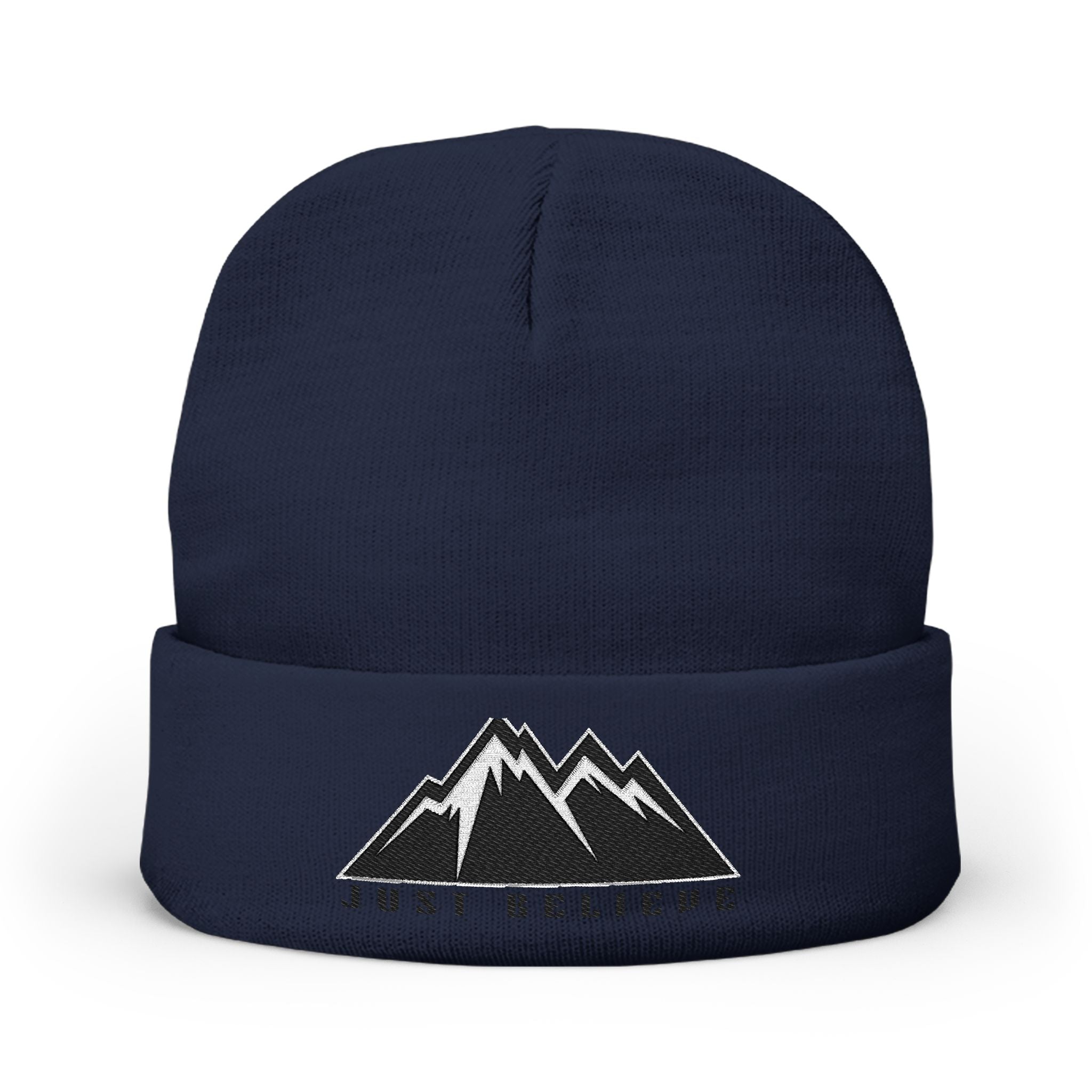 Beanie — Embroidered Mountain "Just Believe" Knit Cap