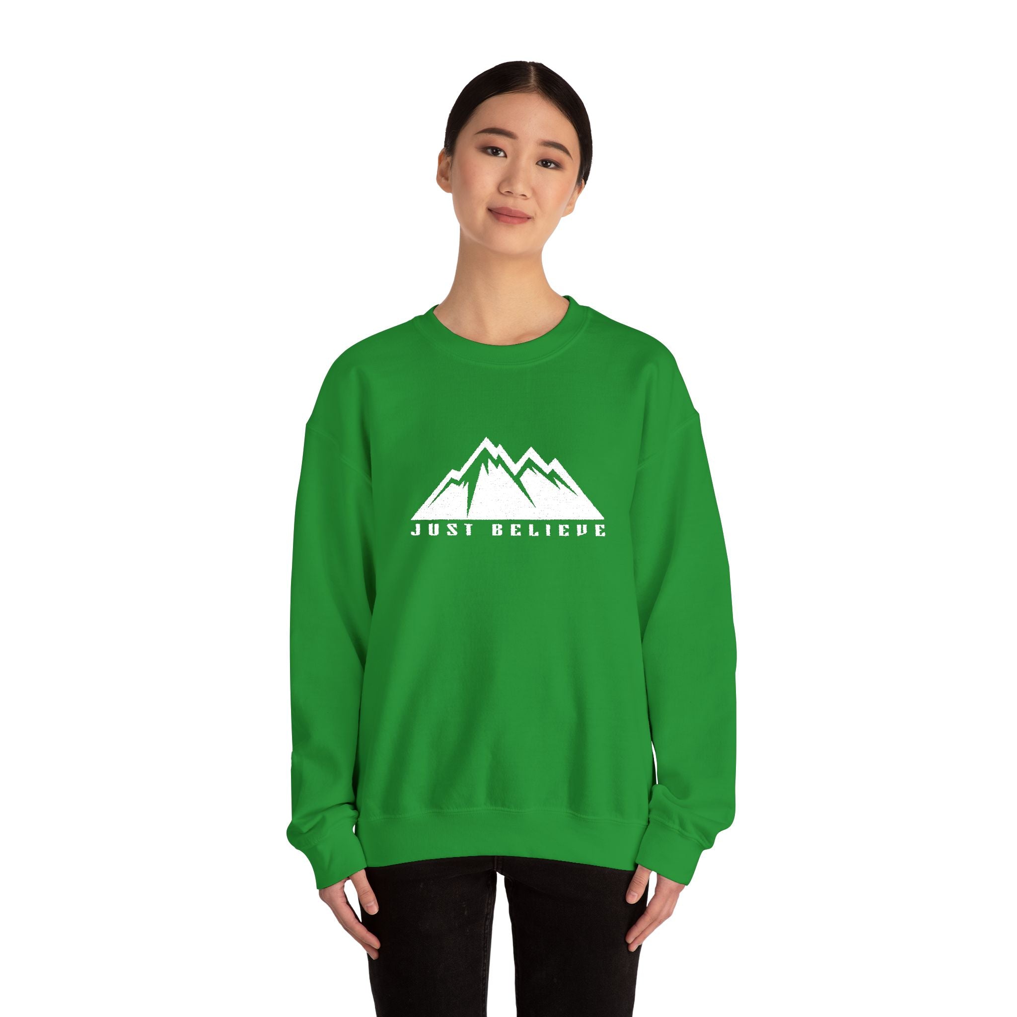 Just Believe Mountain Ridge Crewneck Sweatshirt — Adventure Graphic "Love Believe"