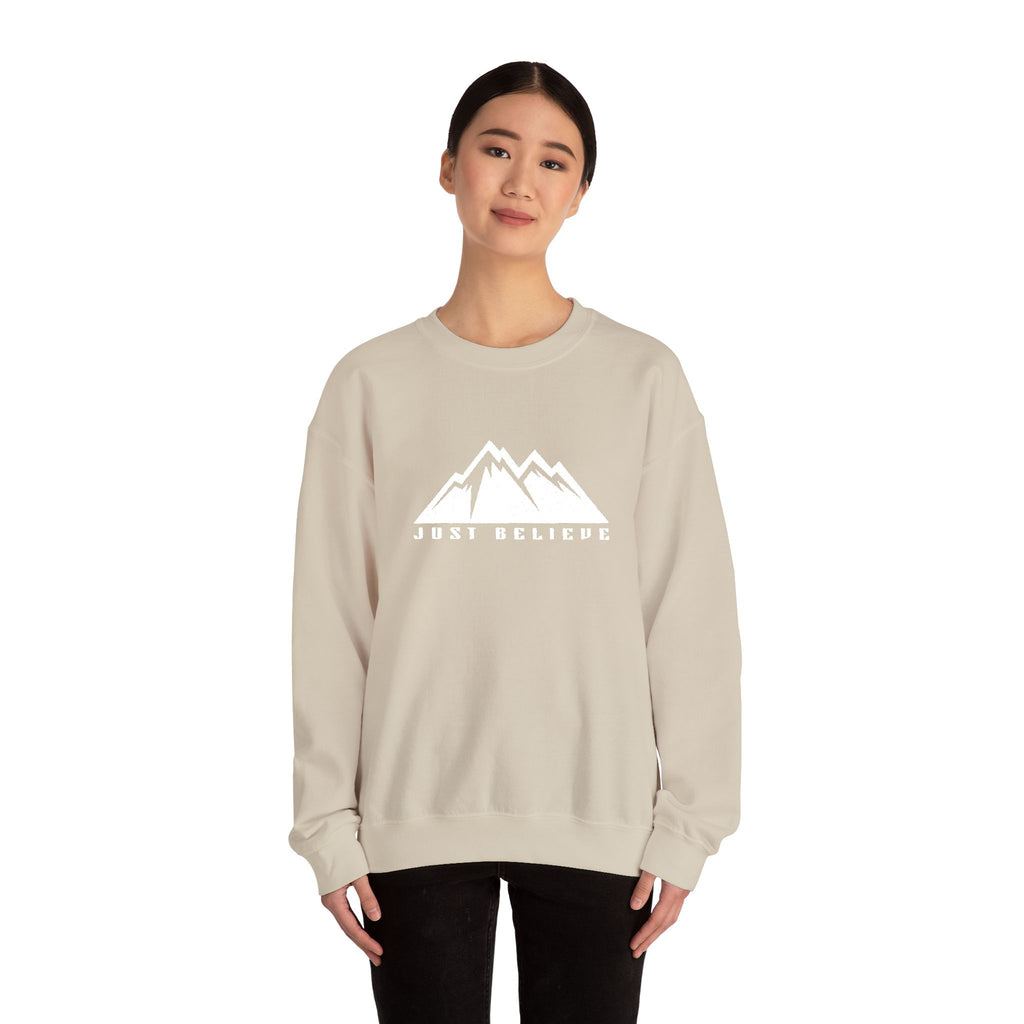 Just Believe Mountain Ridge Crewneck Sweatshirt — Adventure Graphic "Love Believe"