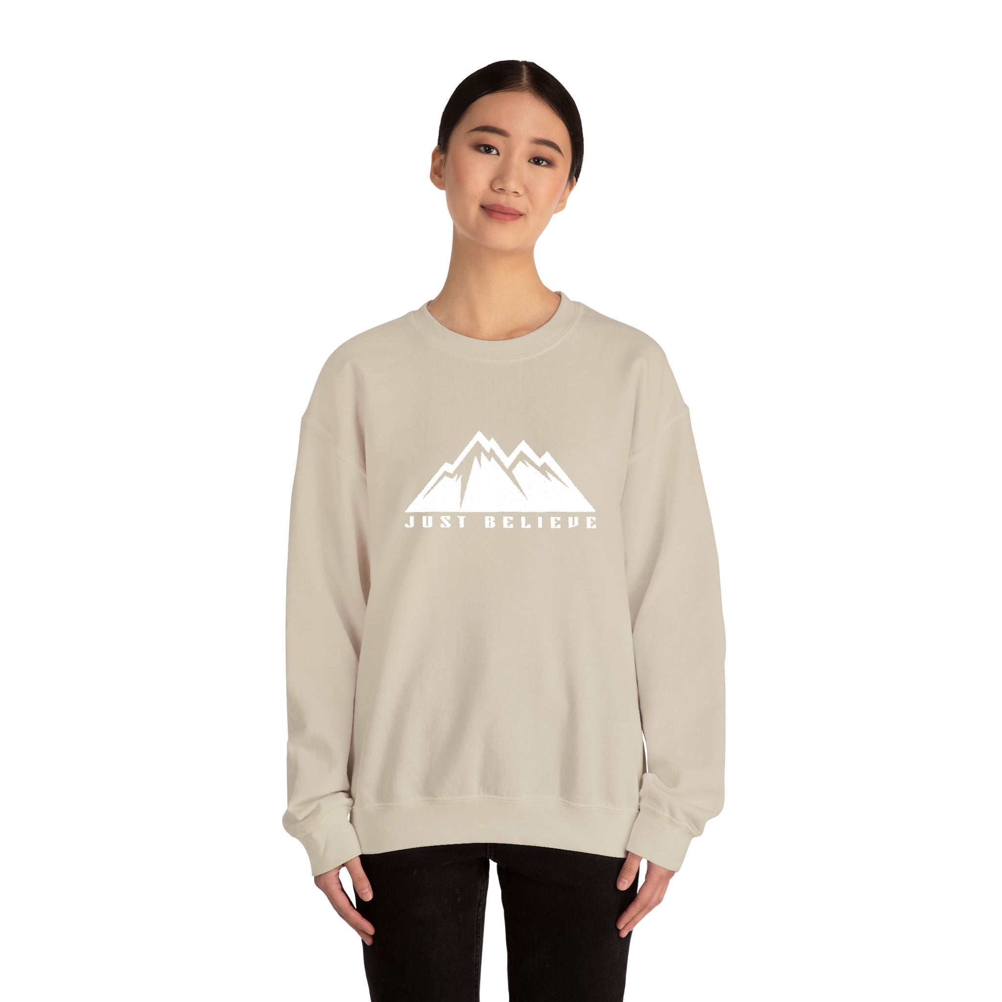 Just Believe Mountain Ridge Crewneck Sweatshirt — Adventure Graphic "Love Believe"