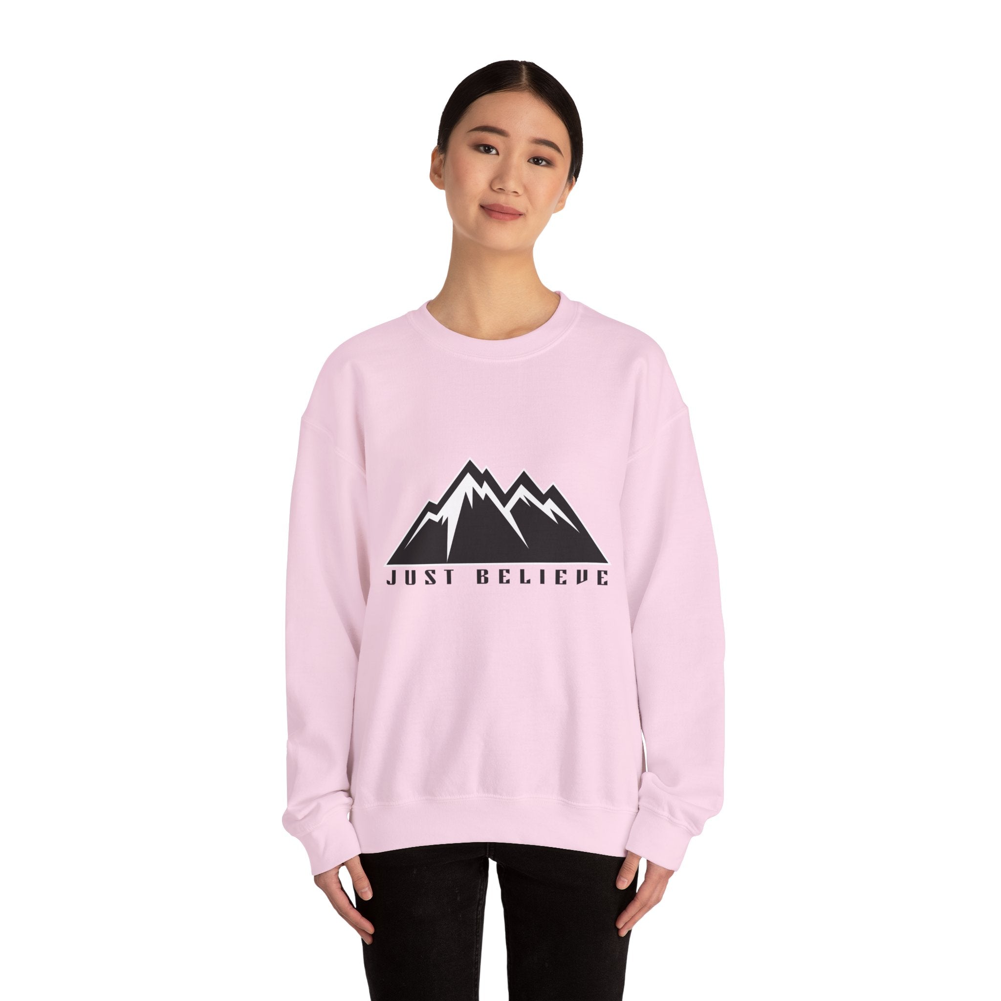 Just Believe Mountain Crewneck Sweatshirt — Inspirational Outdoor Graphic Sweatshirt