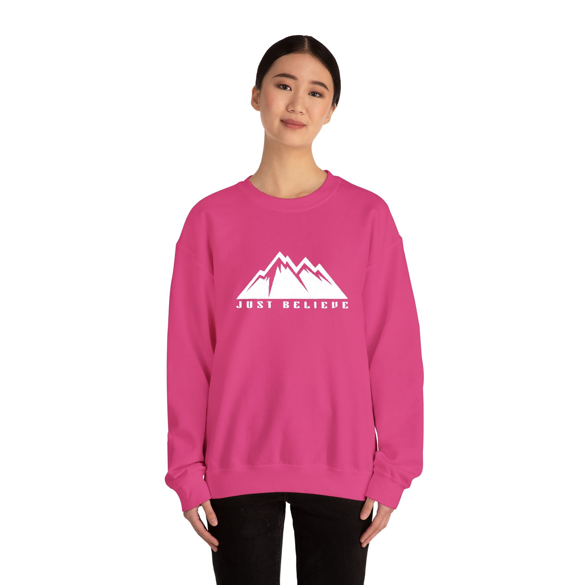 Just Believe Mountain Ridge Crewneck Sweatshirt — Adventure Graphic "Love Believe"