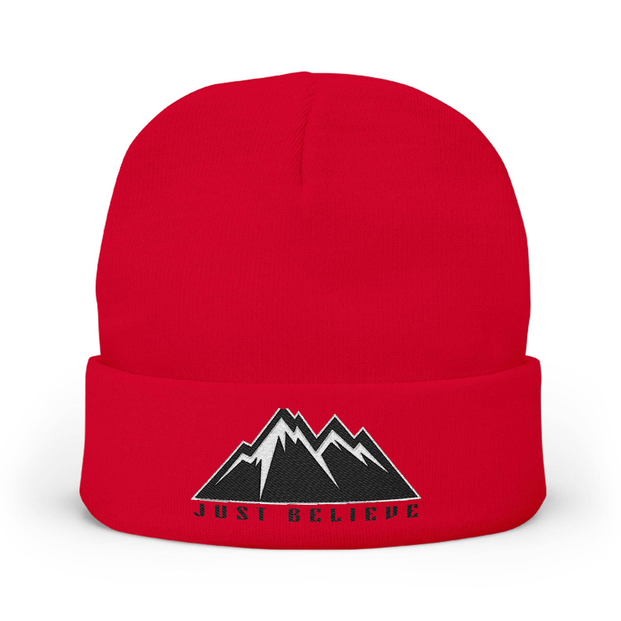 Beanie — Embroidered Mountain "Just Believe" Knit Cap