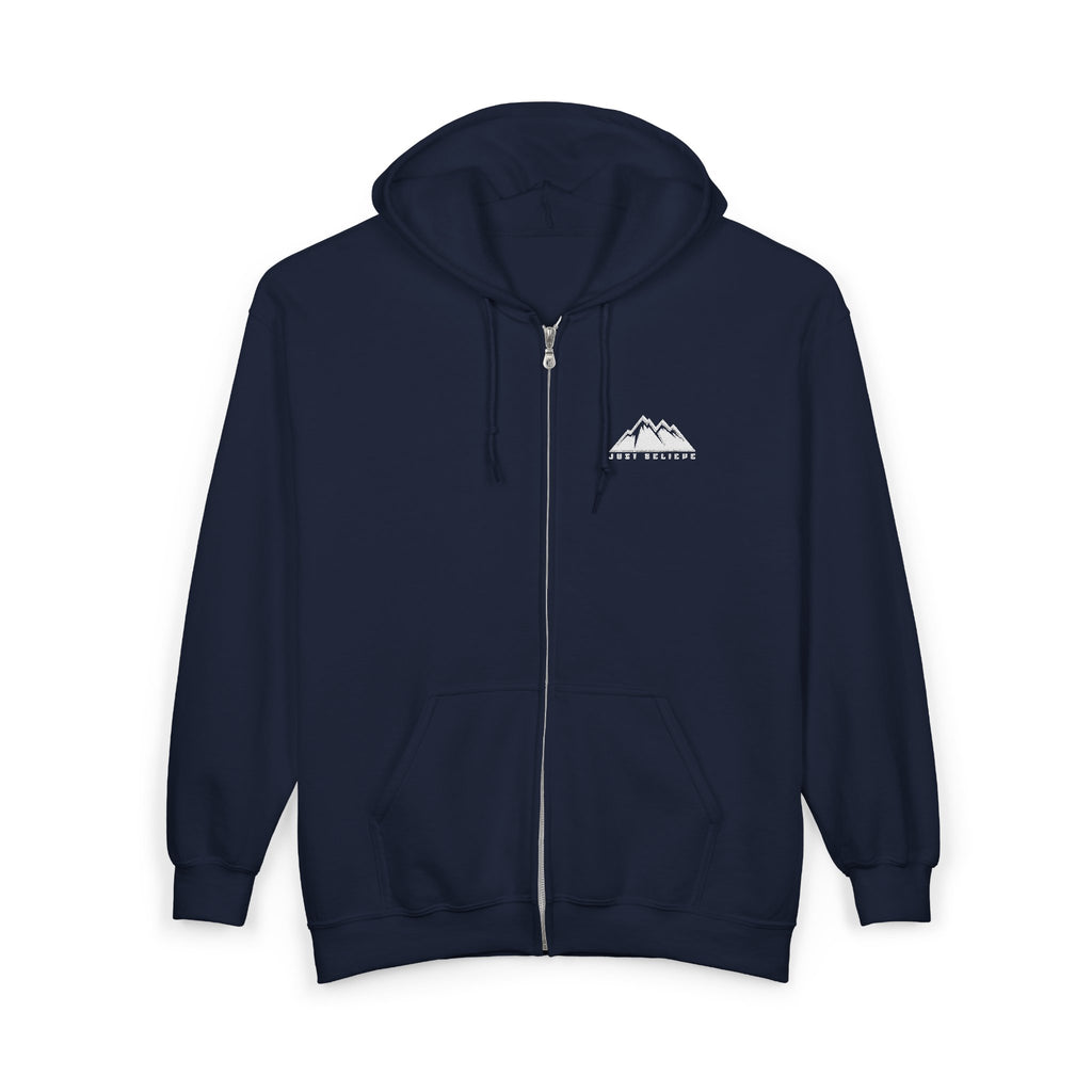 Just Believe Logo Zip Hoodie — Minimal  Range Full‑Zip Sweatshirt