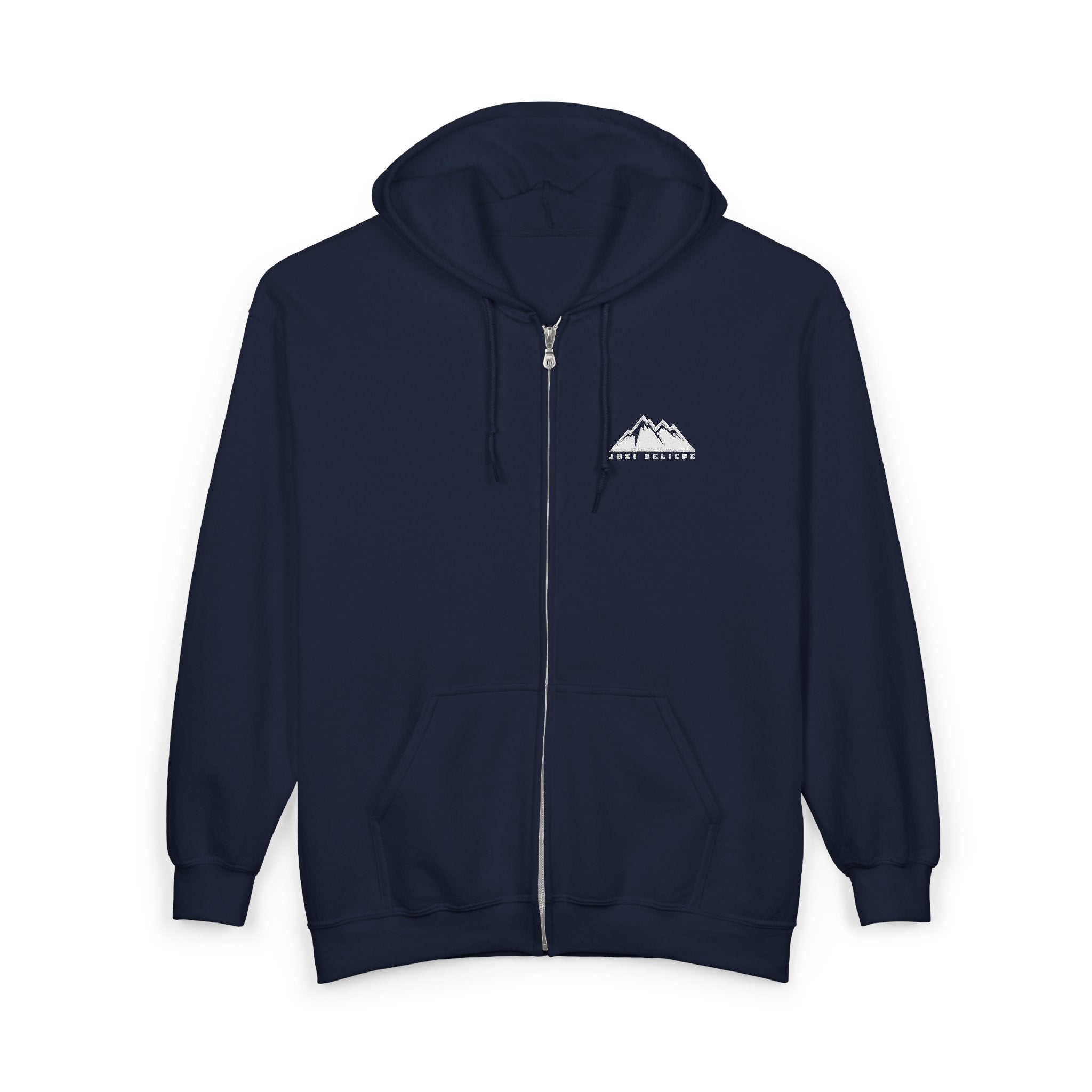 Just Believe Logo Zip Hoodie — Minimal  Range Full‑Zip Sweatshirt