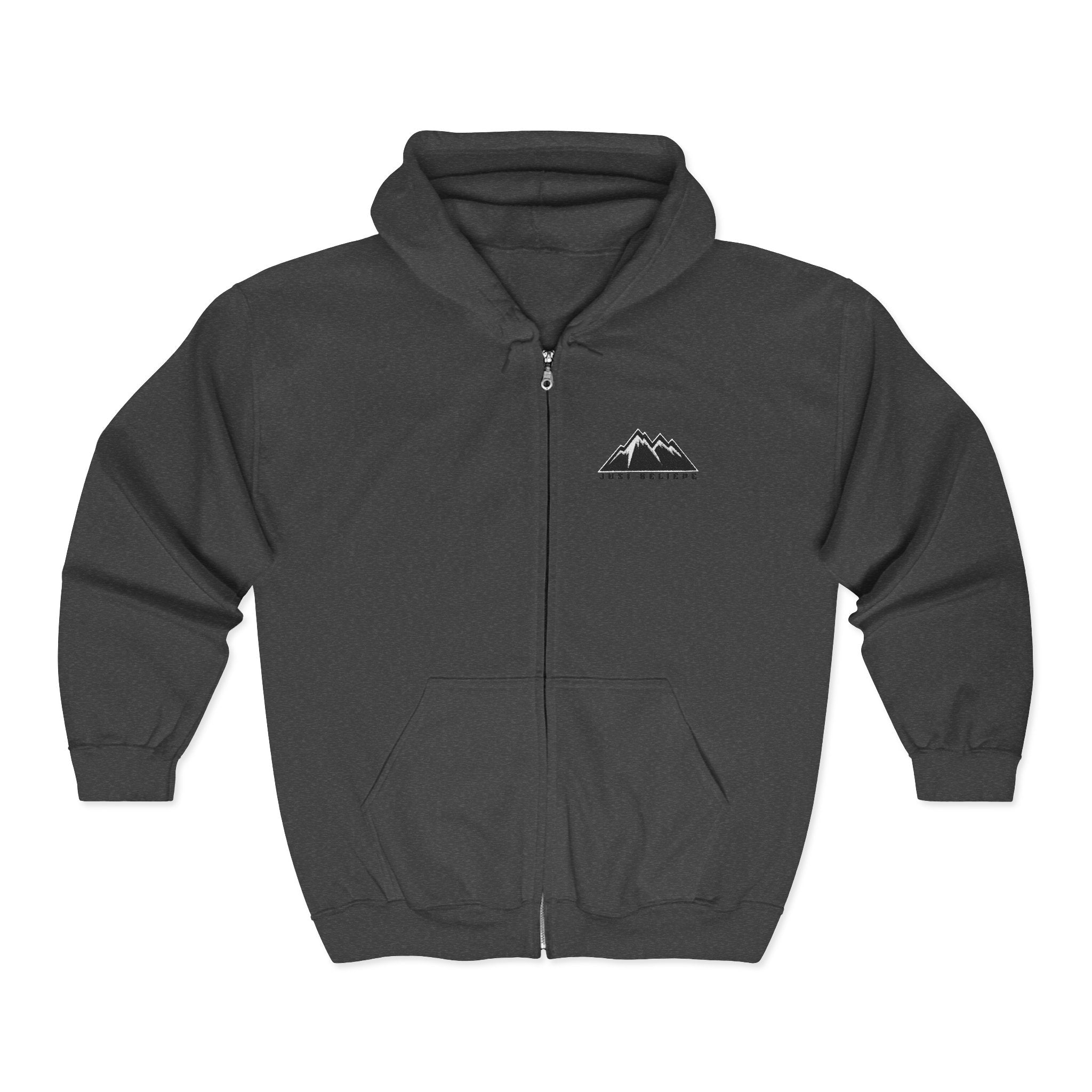 Just Believe Mountain Outline Zip Hoodie — Minimal Mountain Logo Hoodie