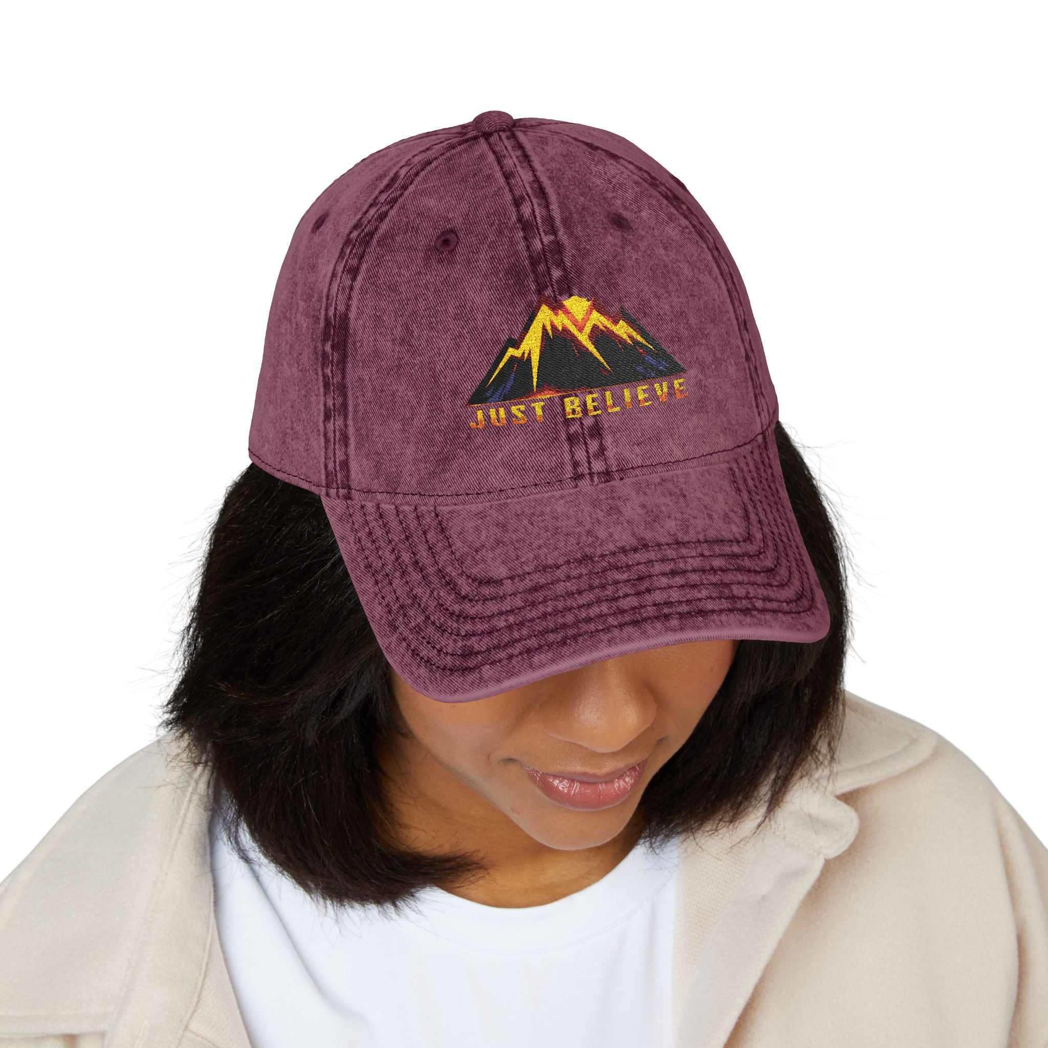 Just Believe Embroidered Vintage Mountain Cap — Red Dad Hat